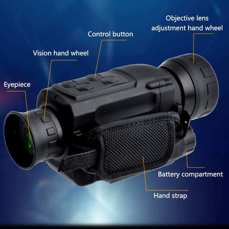 - Control button
- Objective lens adjustment hand wheel
- Vision hand wheel
- Eyepiece
- Battery compartment
- Hand strap
