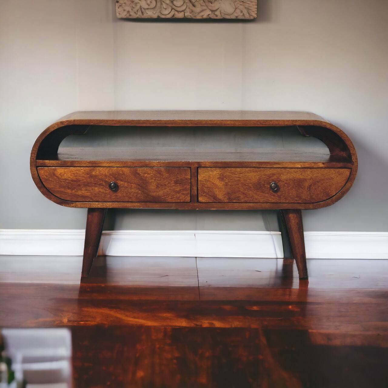 Angle. Artisan Furniture - Artisan Furniture Solid Wood Chestnut Circular TV Stand, 2 Drawers, 1 Open Slot, Dark Brown - Brown.