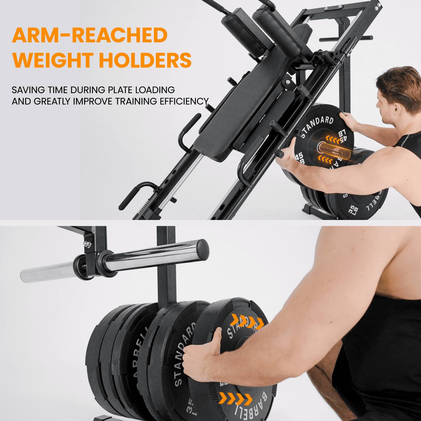 ARM-REACHED WEIGHT HOLDERS

SAVING TIME DURING PLATE LOADING AND GREATLY IMPROVE TRAINING EFFICIENCY

STANDARD 45 LB
STANDARD 35 LB