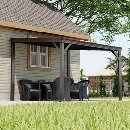 Mondawe - 10x10FT Lean to Gazebo Hardtop,Expandable Wall Mounted Pergola,Gutters & Galvanized Steel Roof - Brown