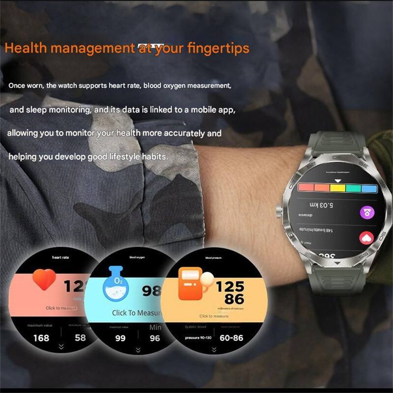 Health management at your fingertips

Once worn, the watch supports heart rate, blood oxygen measurement, and sleep monitoring, and its data is linked to a mobile app, allowing you to monitor your health more accurately and helping you develop good lifestyle habits.

km 5.03 distance
beats/minute 148
heart rate 12
O2 98
blood pressure 125/86

Click to measure
maximum value 168
minimum value 58
minimum value 99
pressure 90-130
60-86