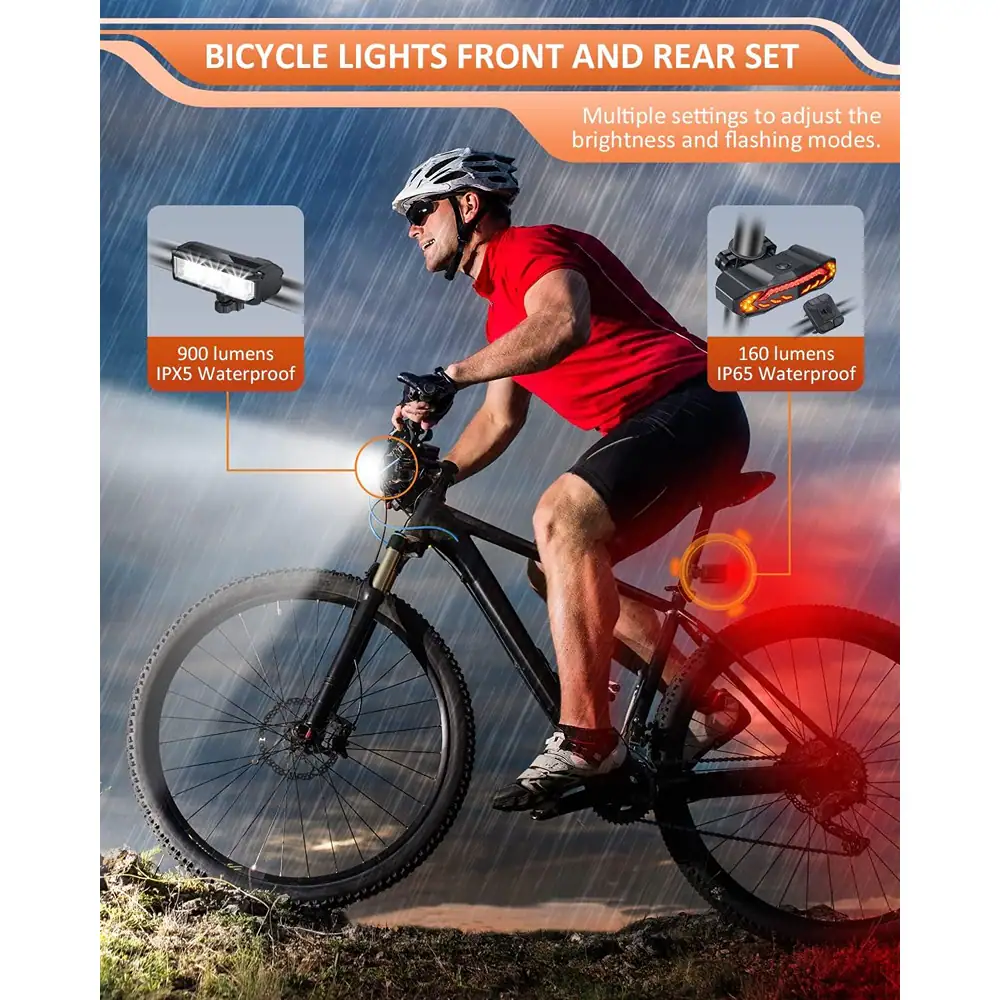 BICYCLE LIGHTS FRONT AND REAR SET

Multiple settings to adjust the brightness and flashing modes.

900 lumens IPX5 Waterproof

160 lumens IP65 Waterproof
