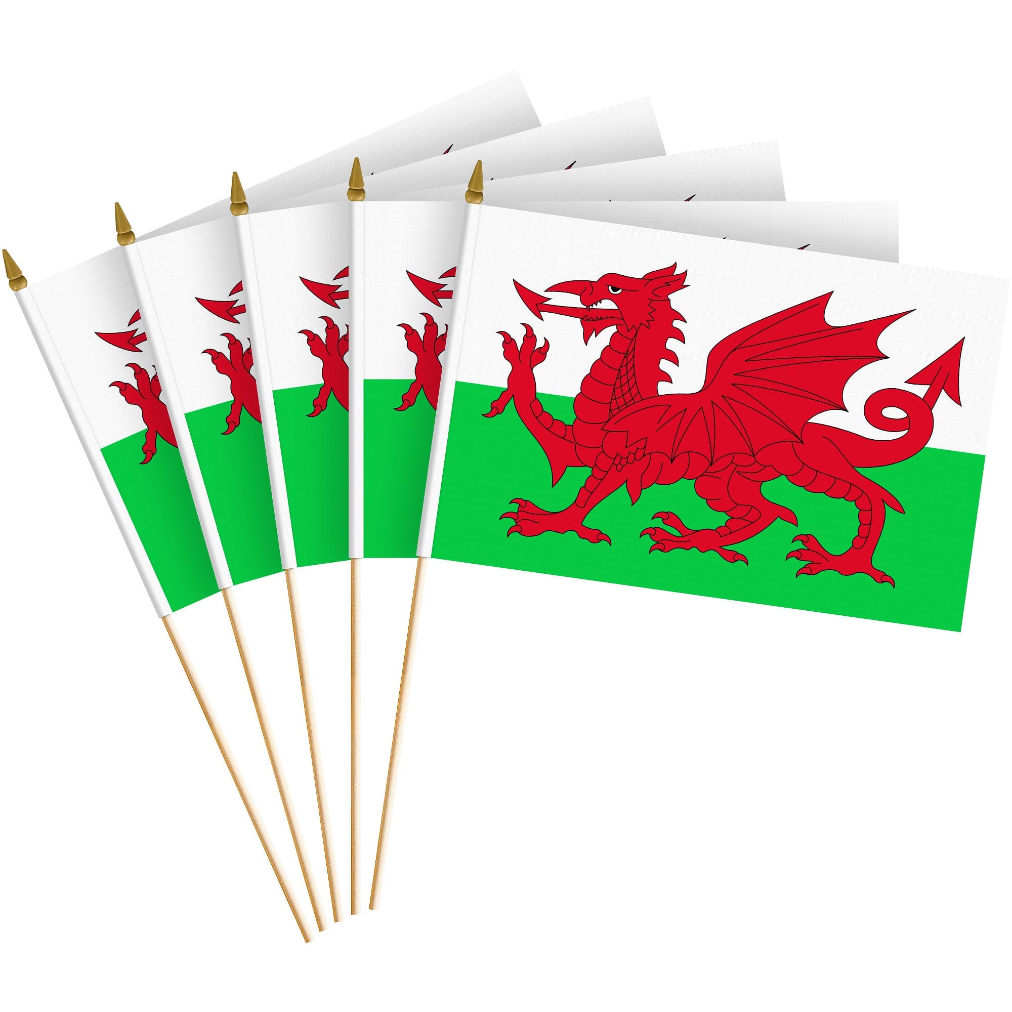 G128 - 24 Pack Wales Welsh Handheld Stick Flags, 8 x 12 in, 150D Polyester, Wooden Stick with Gold Spear Tip - Assorted Colors
