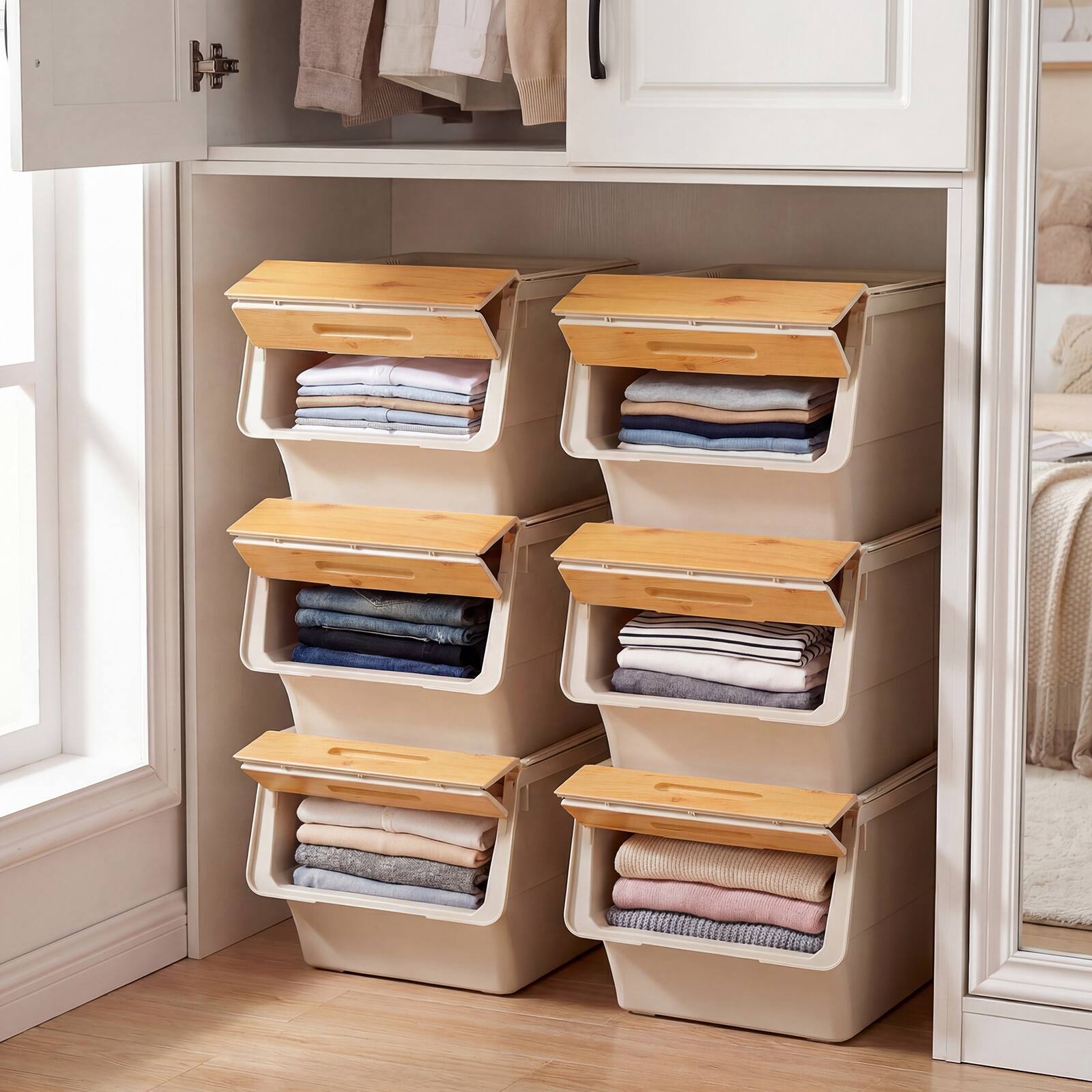 Alt View 4. Costway - Costway 6 PCS Storage Bins on Wheels with Stay-Open Lid for Kitchen Bedroom Laundry Closet - White + Natural.