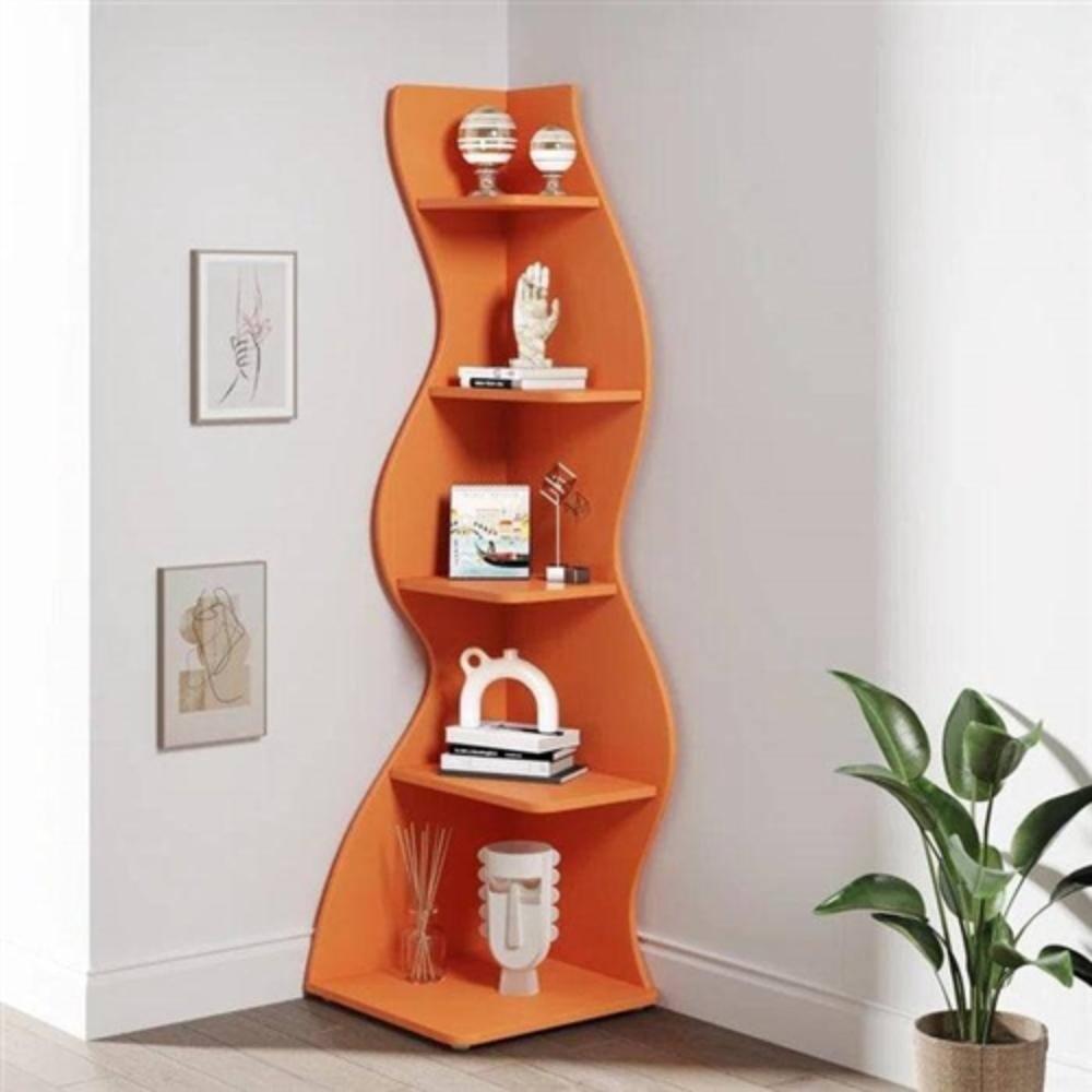 Angle. Hivvago - Modern Wave Shape 5 Shelf Corner Bookcase in Orange Wood Finish - Orange.