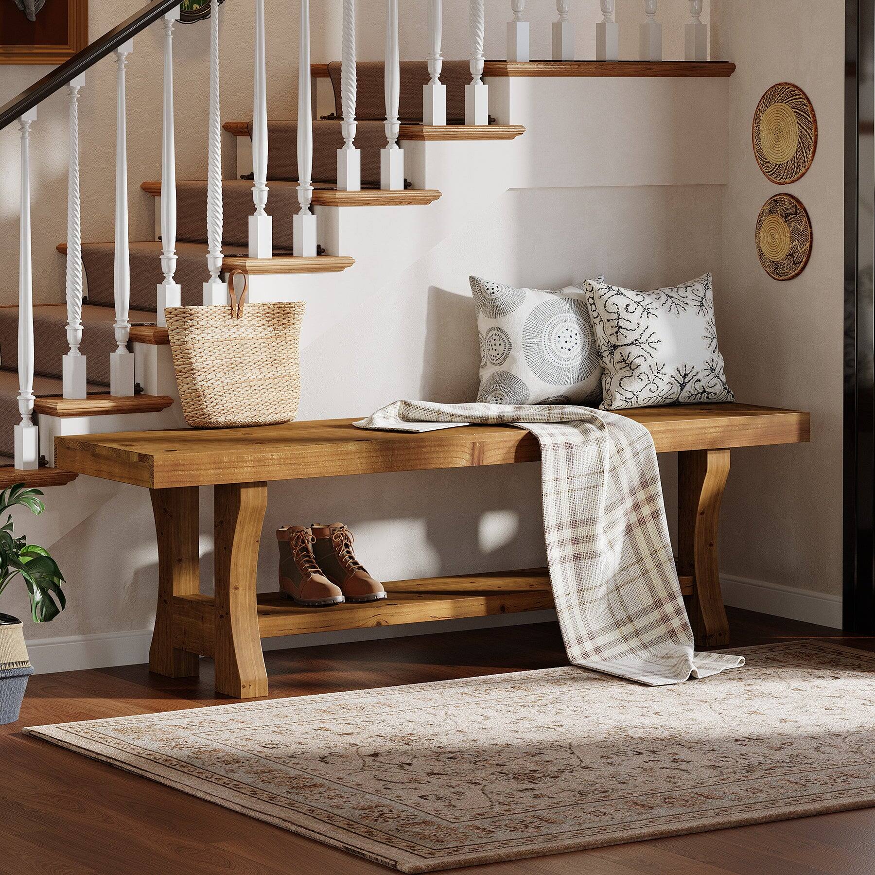 Angle. Tribesigns - Office Reception Bench with Solid Wood Construction, Storage Shelves, for Office Entryways and Waiting Areas - Brown.