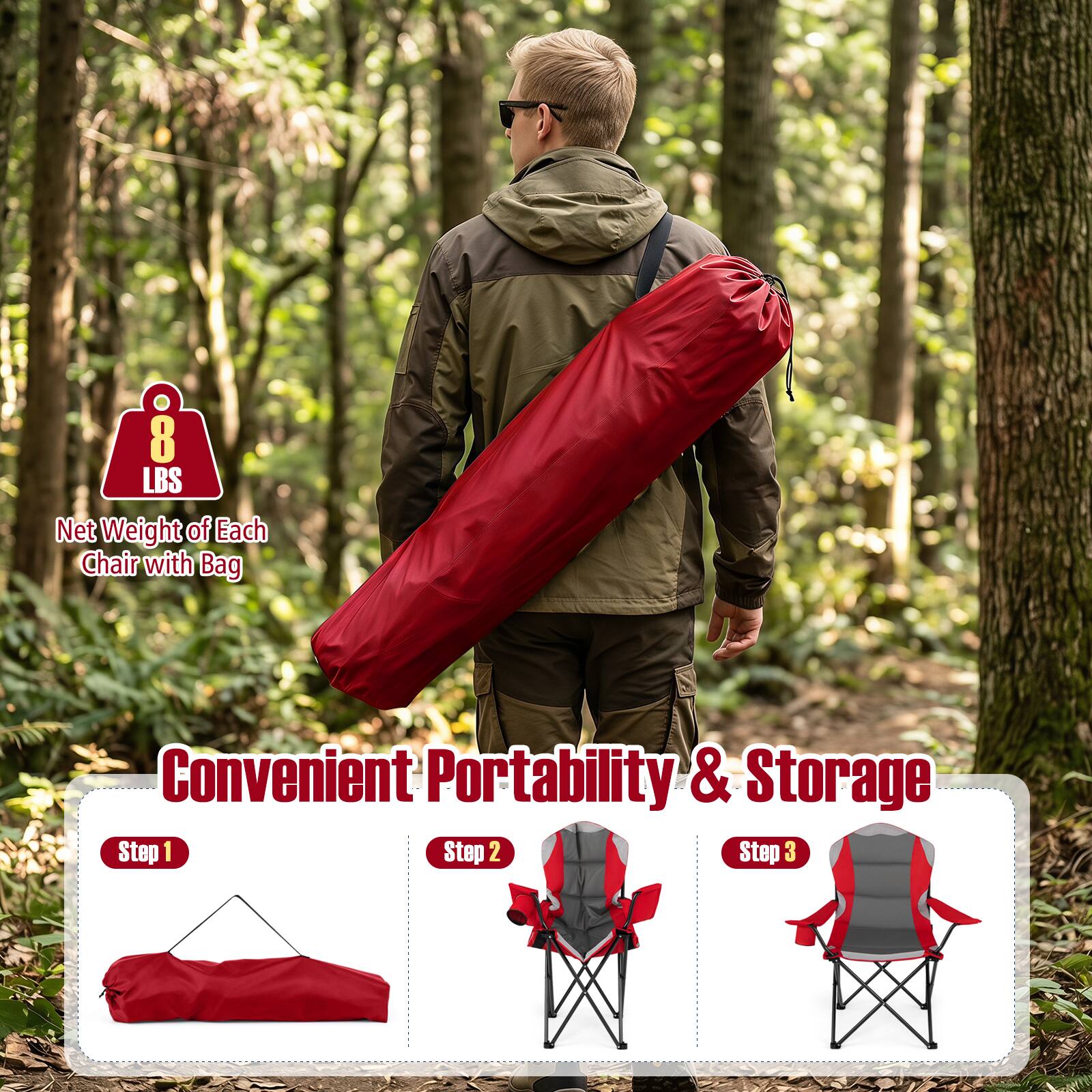 8 LBS Net Weight of Each Chair with Bag

Convenient Portability & Storage
Step 1
Step 2
Step 3
