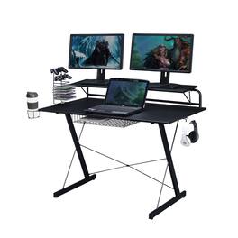 Spaco - Gaming Computer Desk with Cup Holder, Carbon Fiber Top, Steel Frame and Adjustable Storage, for Home Office Gaming - Black