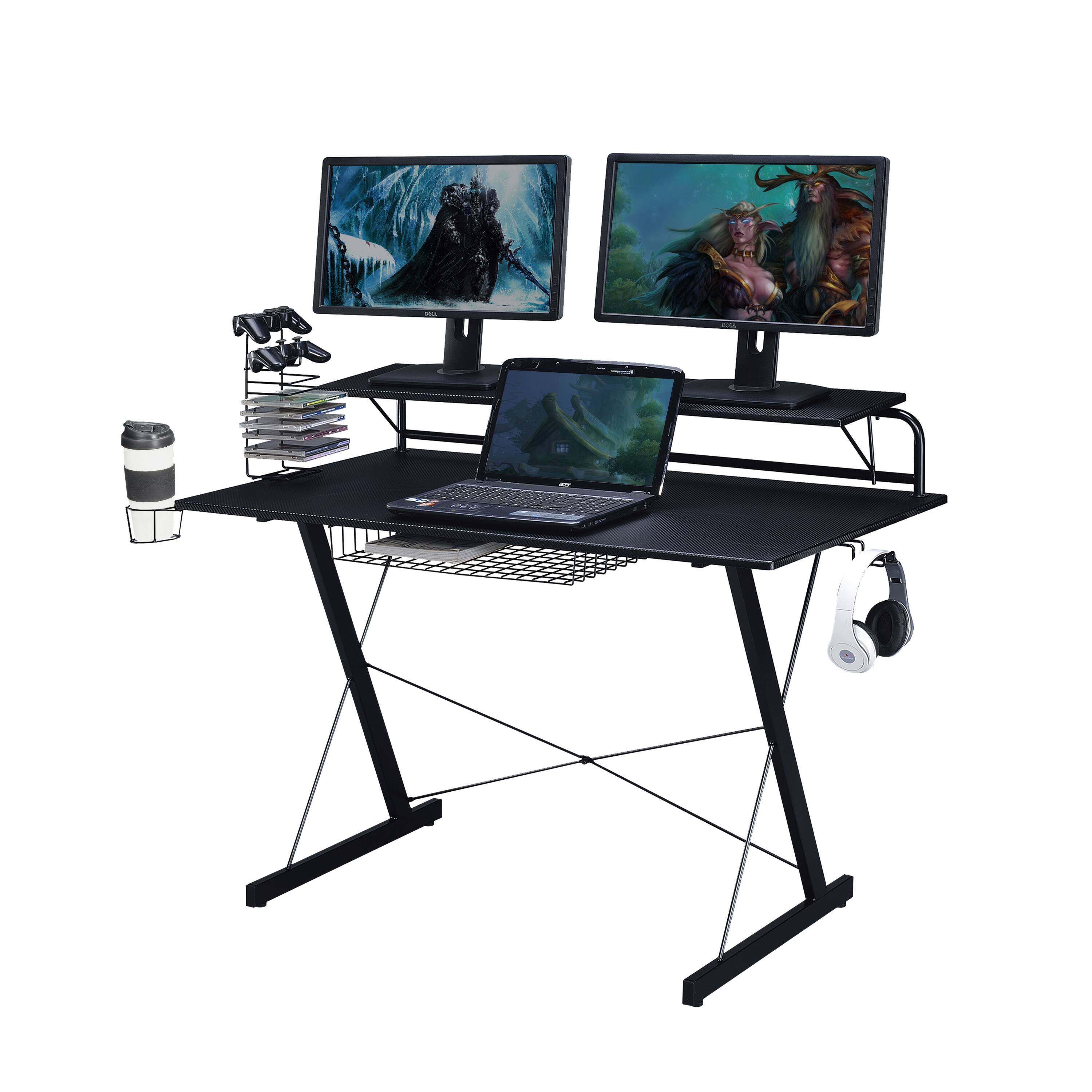 Front. Spaco - Spaco Gaming Computer Desk with Cup Holder, Carbon Fiber Top, Steel Frame and Adjustable Storage, for Home Office Gaming - Black.