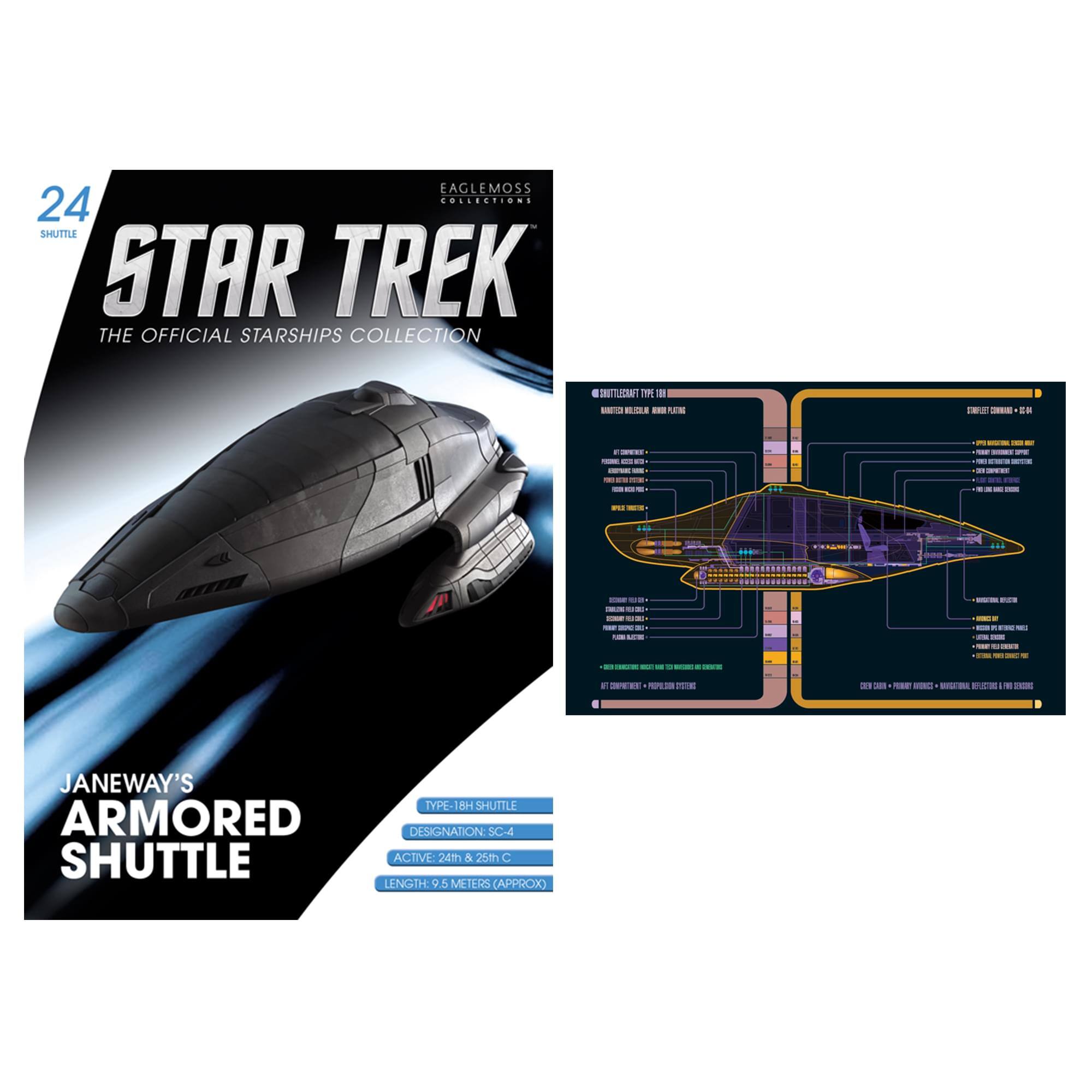 EAGLEMOSS 24 SHUTTLE  
STAR TREK  
THE OFFICIAL STARSHIPS COLLECTION  

JANEWAY'S ARMORED SHUTTLE  
TYPE-18H SHUTTLE  
DESIGNATION: SC-4  
ACTIVE: 24th & 25th C  
LENGTH: 9.6 METERS (APPROX)