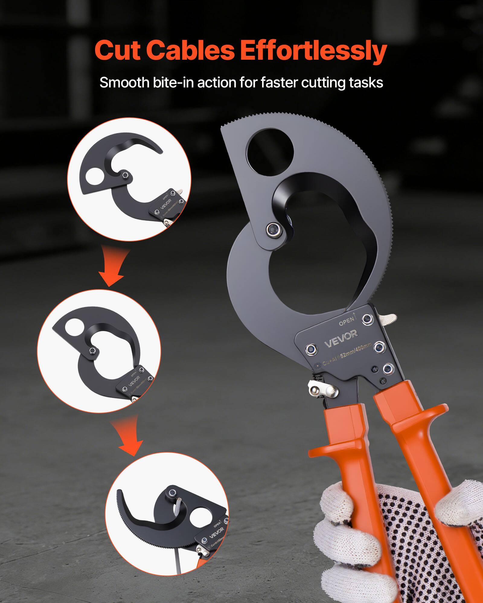 Cut Cables Effortlessly  
Smooth bite-in action for faster cutting tasks  
- VEVOR  
- CueAj-52mm/400mm  
- VEVOR  
- VEVOR