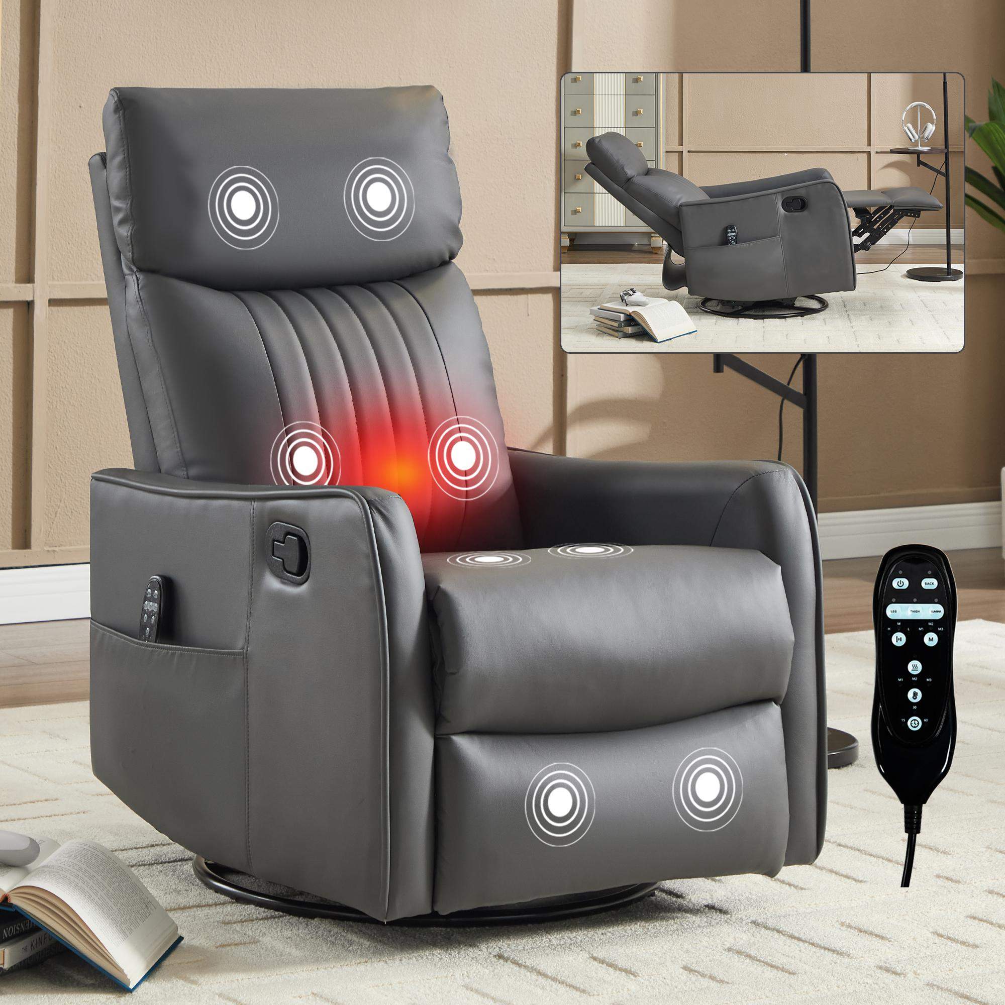 Back. Roomtec - Grey Faux Leather Heat Massage Manual Recliner Chair with Rocker and Swivel for Living Room - Grayish Green.