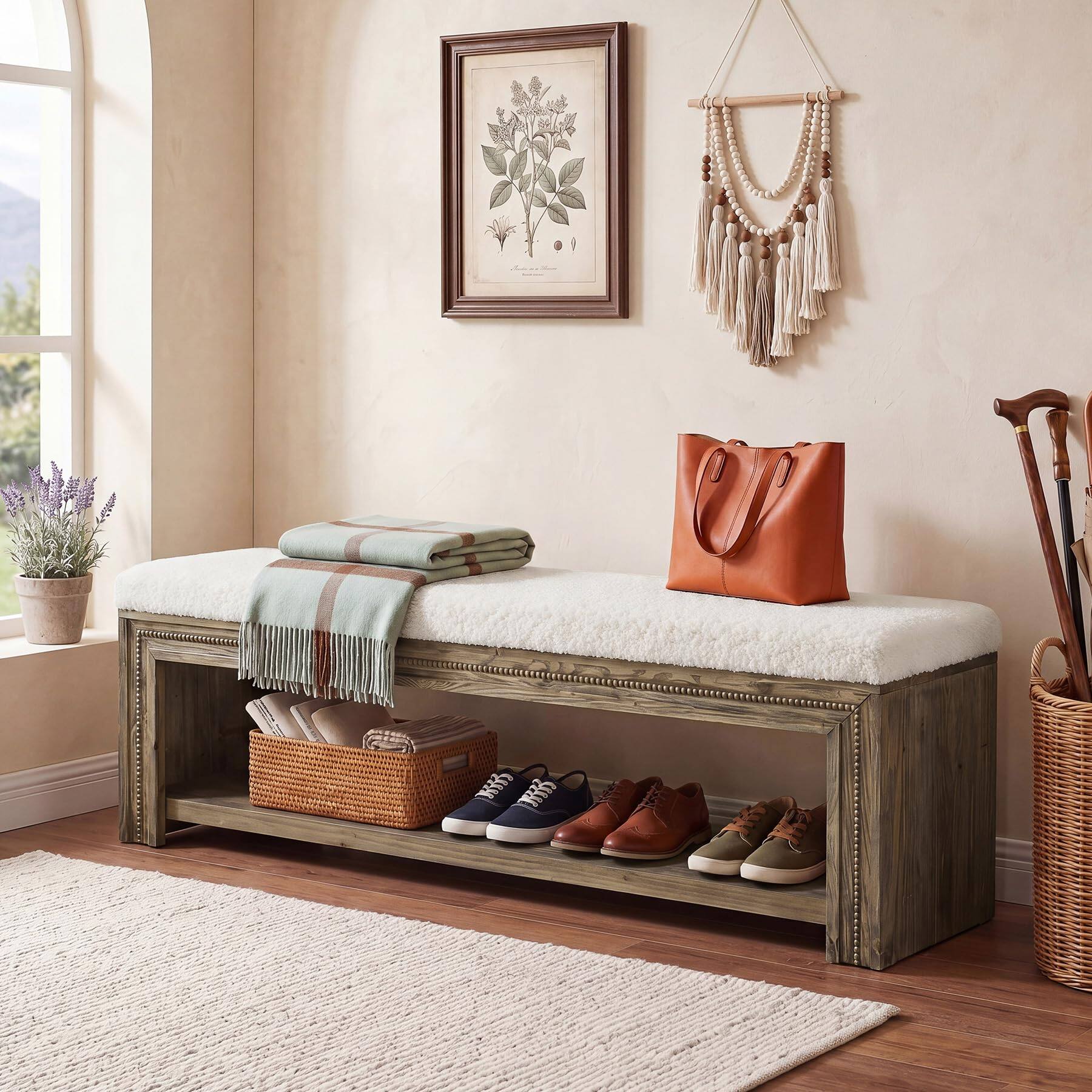 Left. Tribesigns - 55" Solid Wood Entryway Shoe Bench with Shoe Shelf - Brown&white.