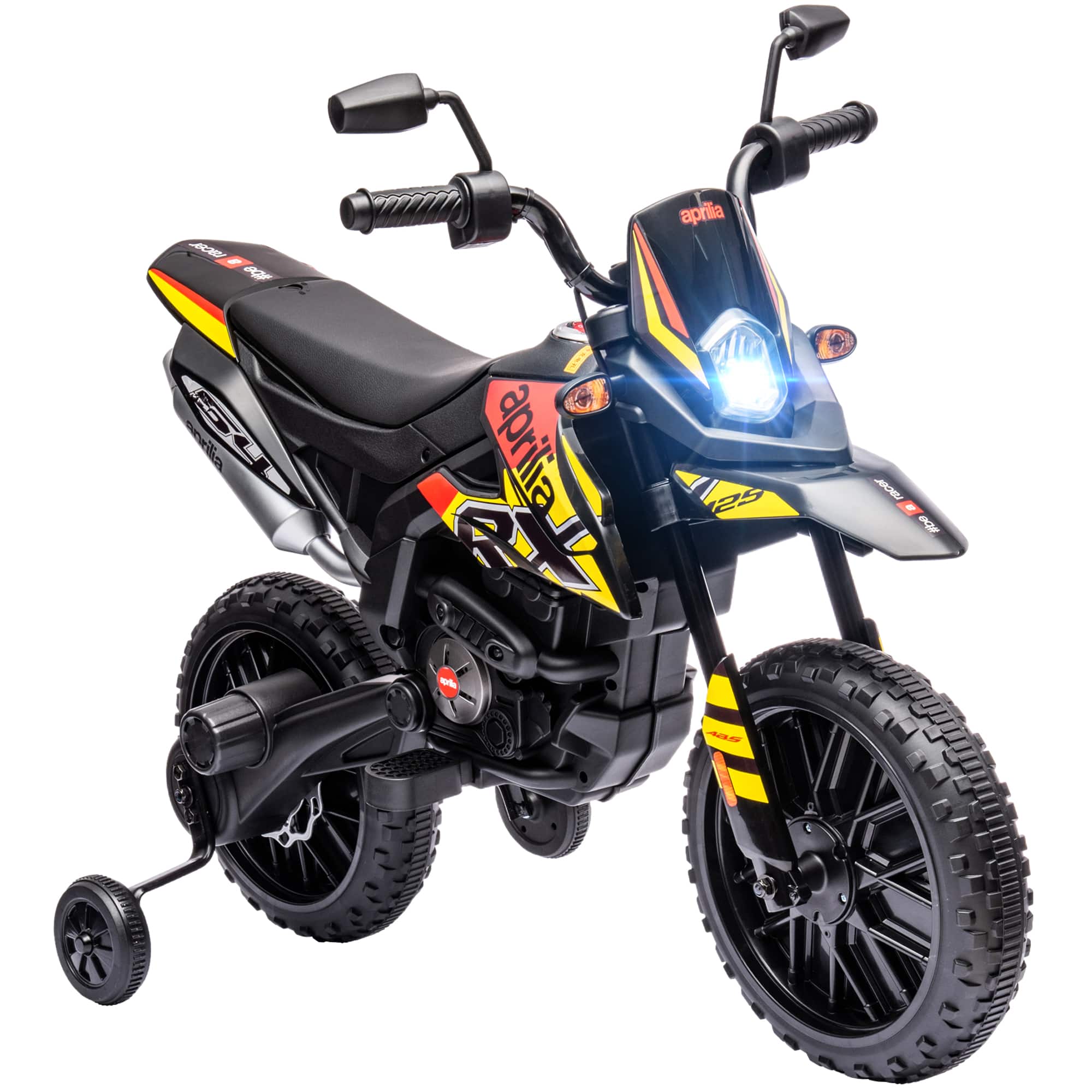 Ecooso - Licensed Aprilia 12V Kids Electric Motorcycle with Training Wheels, Suspension, Music, LED Light, and USB Port - Yellow