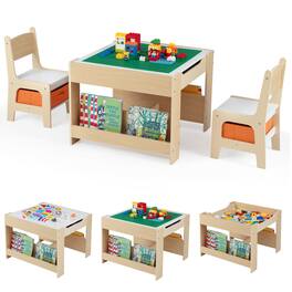 Gymax - 4 in 1 Kids Table & Chair Set w/Reversible Graffiti & Building Blocks Tabletop White & Natural - Beige