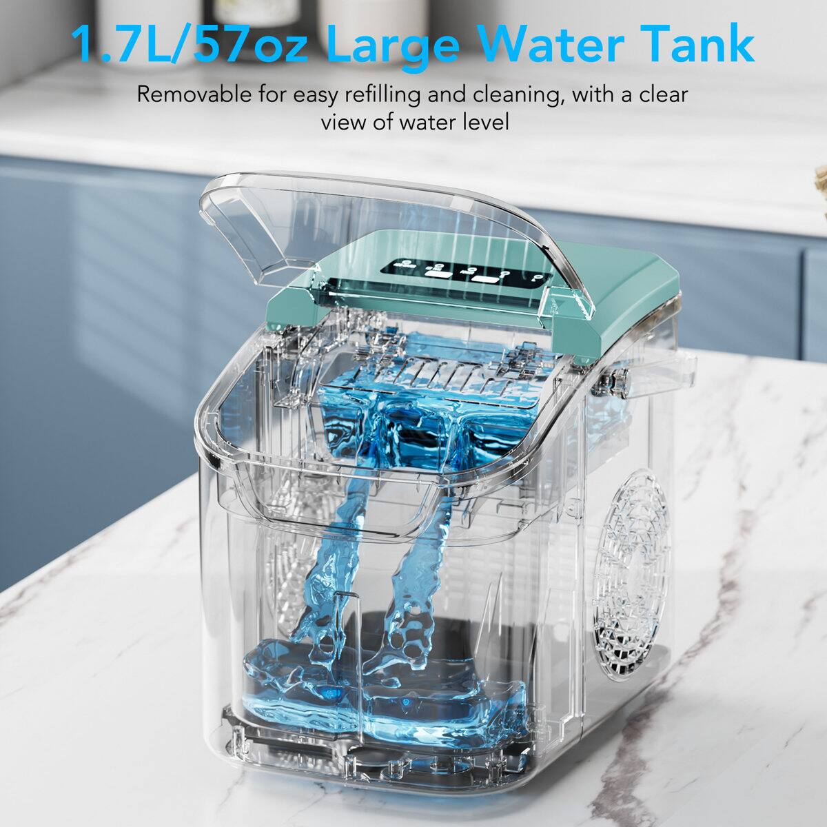 1.7L/57oz Large Water Tank  
Removable for easy refilling and cleaning, with a clear view of water level