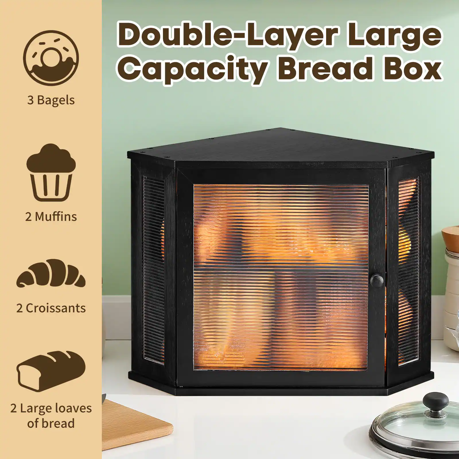 Double-Layer Large Capacity Bread Box

- 3 Bagels
- 2 Muffins
- 2 Croissants
- 2 Large loaves of bread