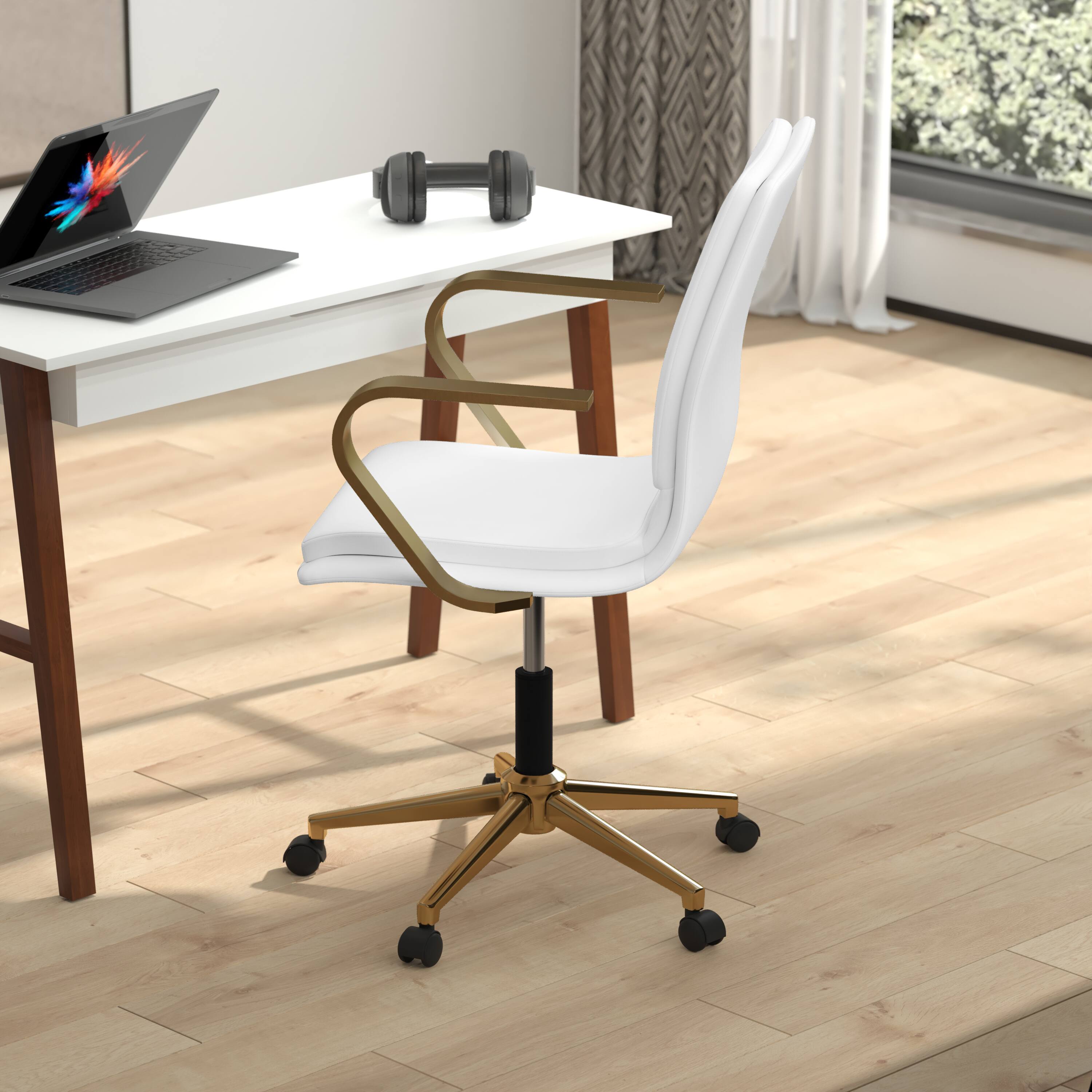 Alt View 3. Emma + Oliver - Ziva Modern Upholstered Mid-Back Home Office Chair with Arms and 5 Star Base - White LeatherSoft/Gold Frame.