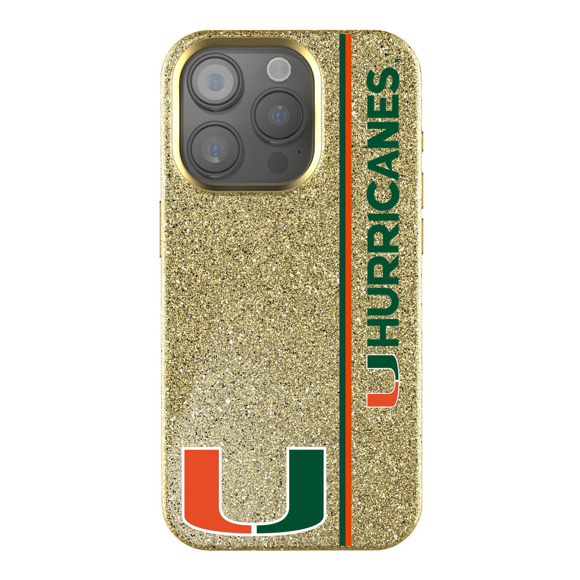 Front. Keyscaper - Miami Hurricanes iPhone Bling Case - 14 Plus - Gold.