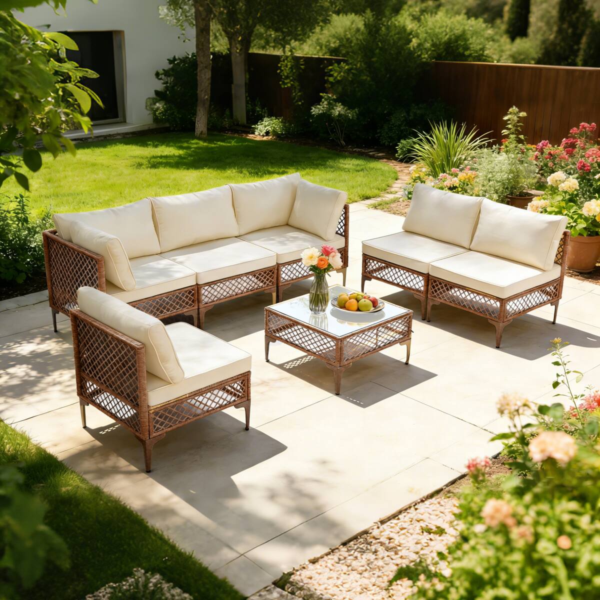 Left. Ainfox - Ainfox 7-Piece Patio Furniture Set, Outdoor Wicker Modular Sectional Patio Conversation Set Ideal for Backyard Poolside - white.