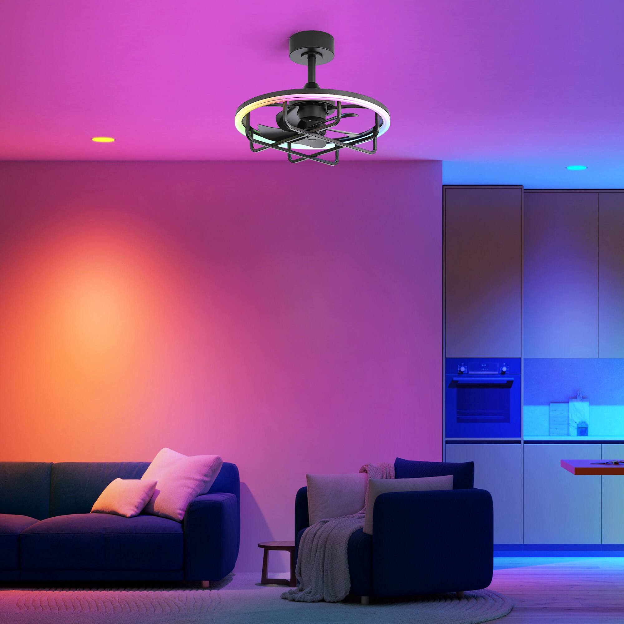 Alt View 2. Breezary - 20-Inch Caged Ceiling Fan with Acrylic Shade, Dimmable RGB LED, 6-Speed Remote, Timer, Downrod, DC Motor - 20-Inch Black Cage Ceiling Fan.