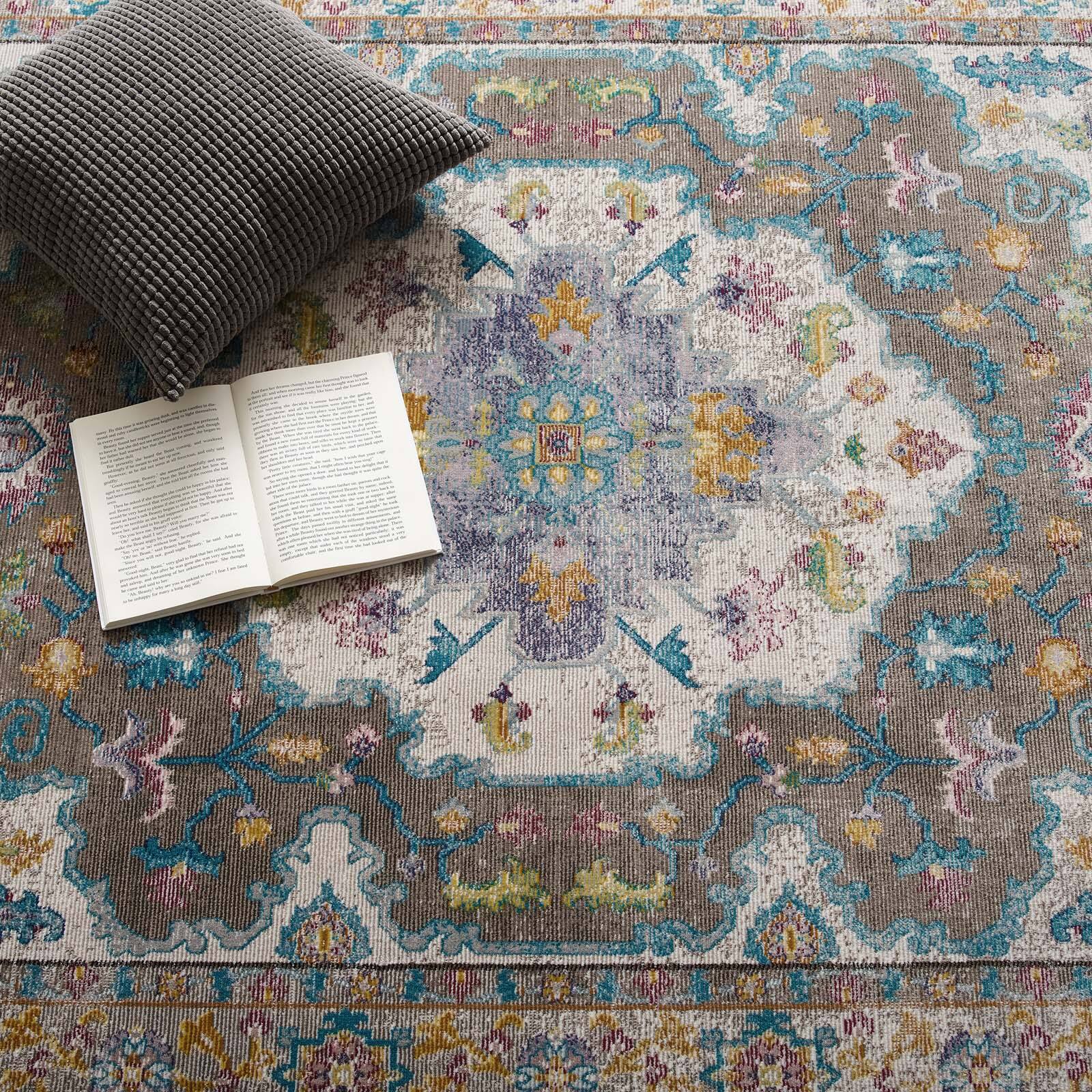 Left. Modway - Success Anisah Distressed Floral Vintage Medallion Area Rug - Gray Ivory Yellow Orange.