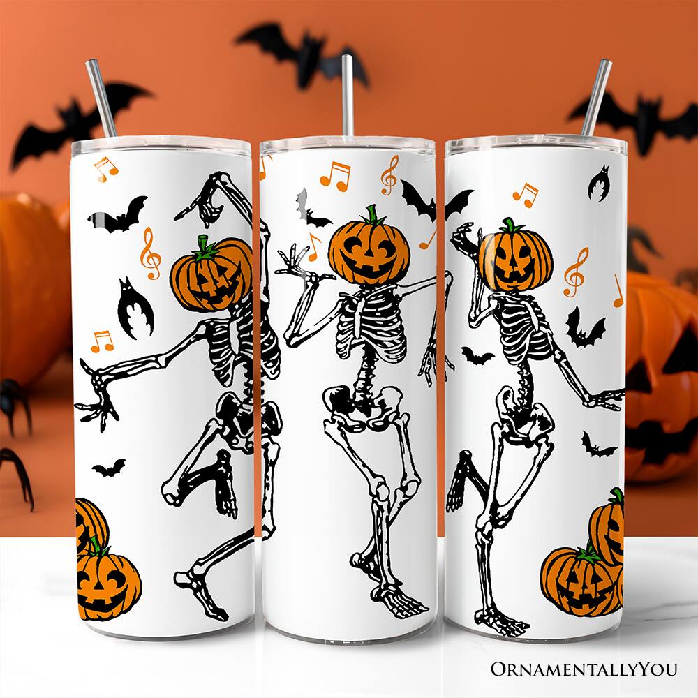 Back. OrnamentallyYou - Dancing Skeletons with Pumpkin Head 20oz Tumbler With Stainless Steel Straw, Halloween Gift Cup - Multicolored.