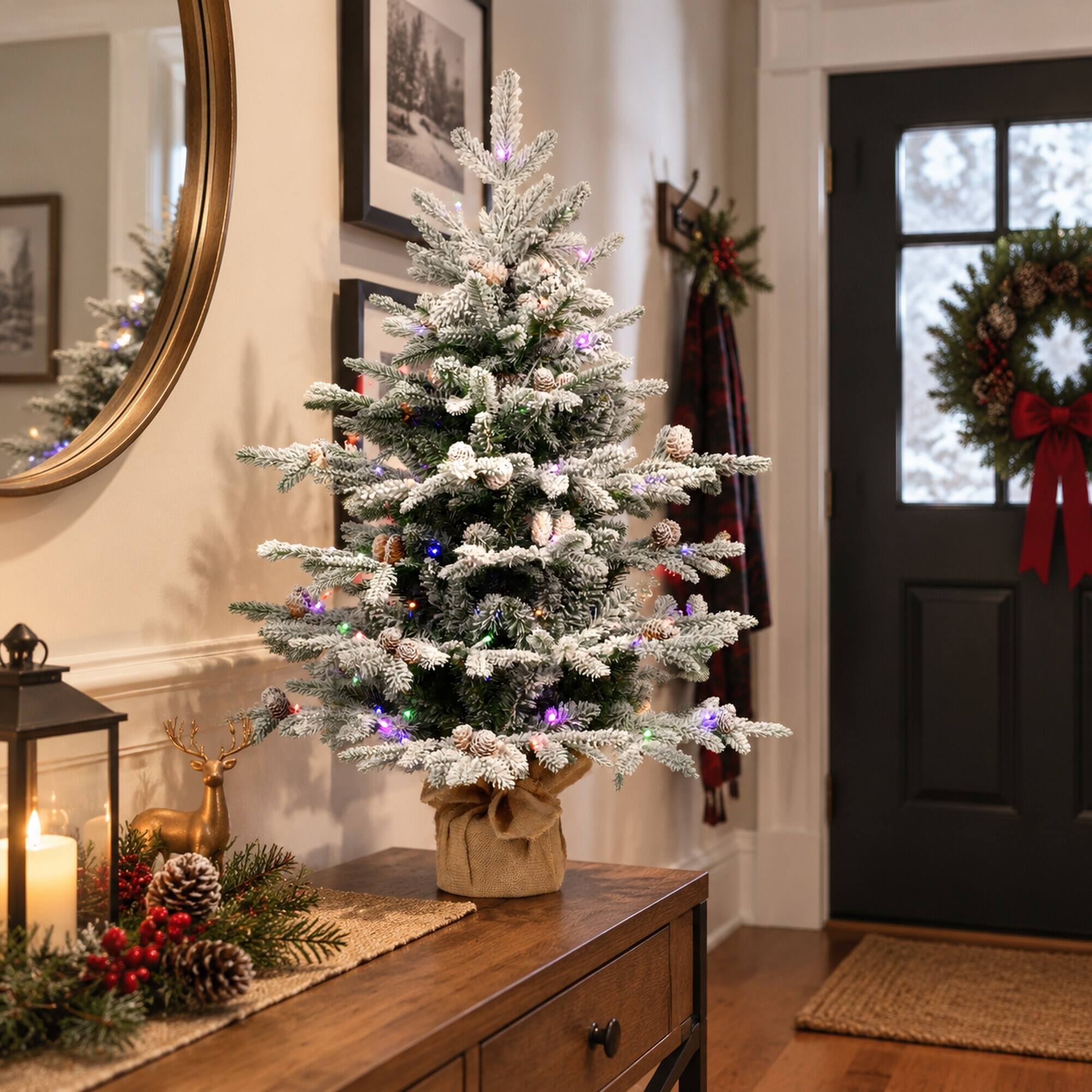 Alt View 1. RYHNUYNE - 3FT Pre-Lit Flocked Artificial Pine Tree With 100 Dual-Color LED Lights and 26 Pine Cones, 528 Tips and Burlap Base - Green,White.