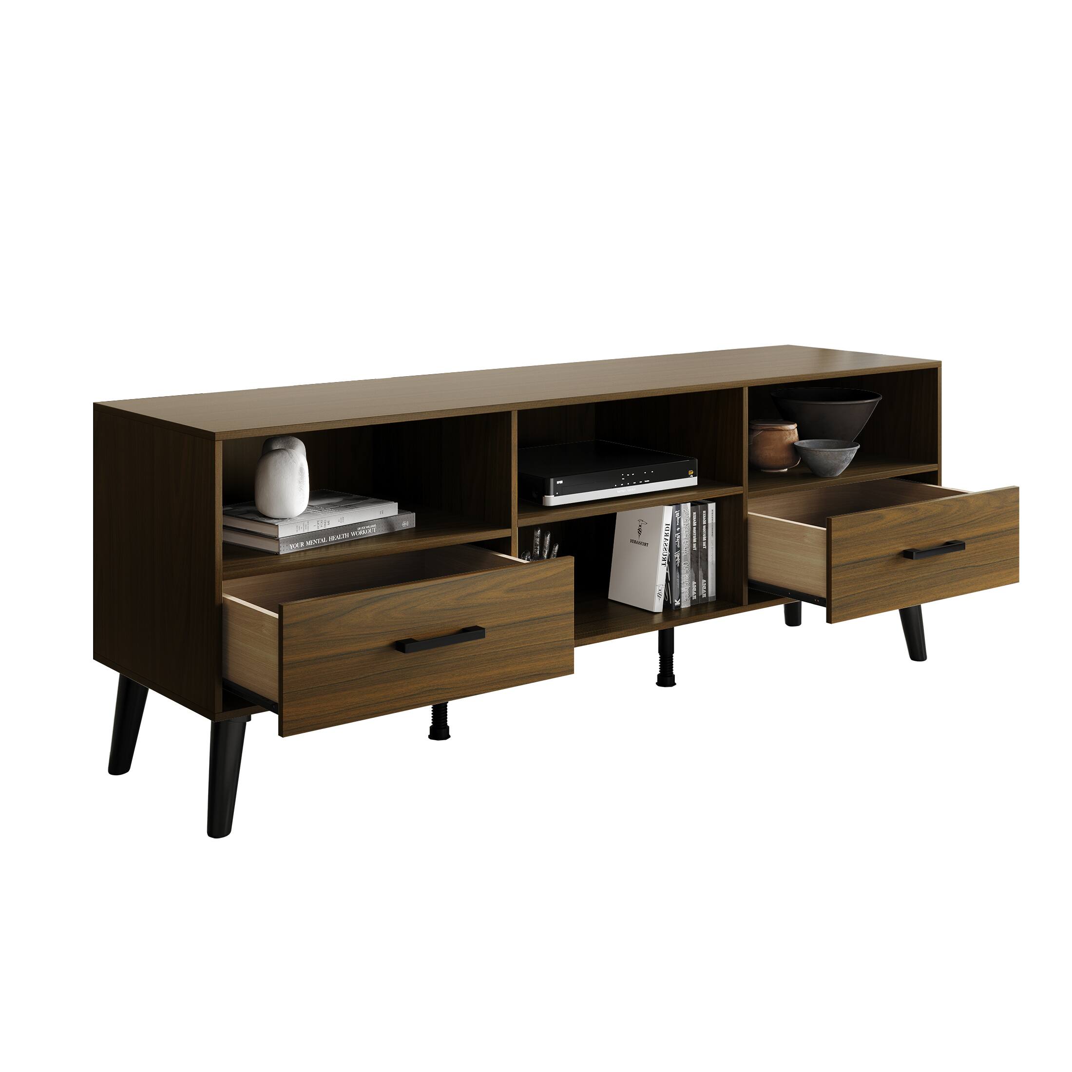 Alt View 1. ChaletPosh - Mid-Century TV Stand with Dual Drawers and 4 Open Cubes, Brown - Brown.
