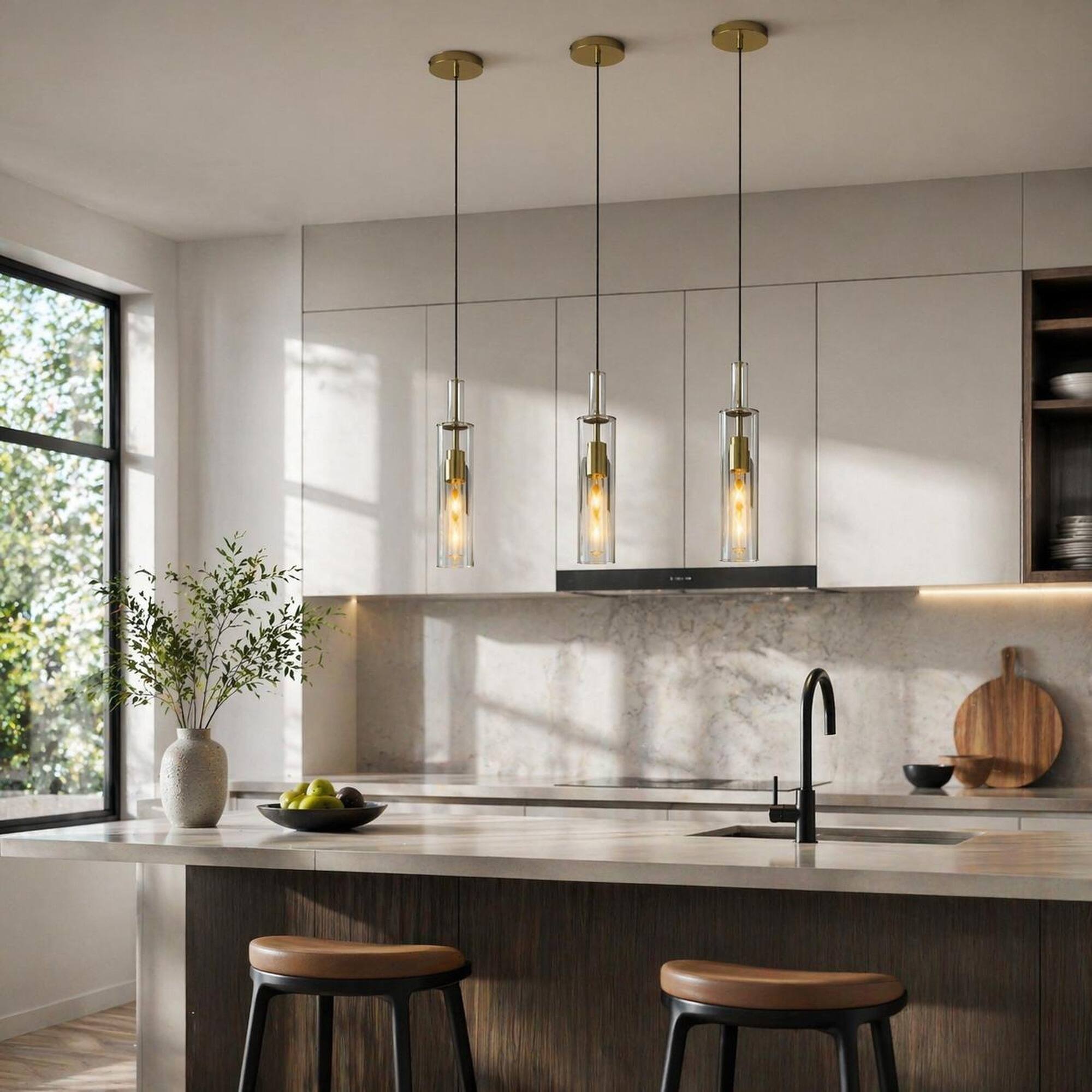 Back. RYHNUYNE - Set of 3 Gold Pendant Lights with Clear Ribbed Glass Shades, Adjustable Ceiling Hanging Lamps for Kitchen Island.
