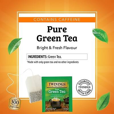 CONTAINS CAFFEINE

Pure Green Tea  
Bright & Fresh Flavour

INGREDIENTS: Green Tea.

*Made with only green tea and no other ingredients

TWININGS  
Green Tea  
Pure Green Tea  
100% Natural

SOURCED WITH CARE

300 YEARS OF EXPERIENCE