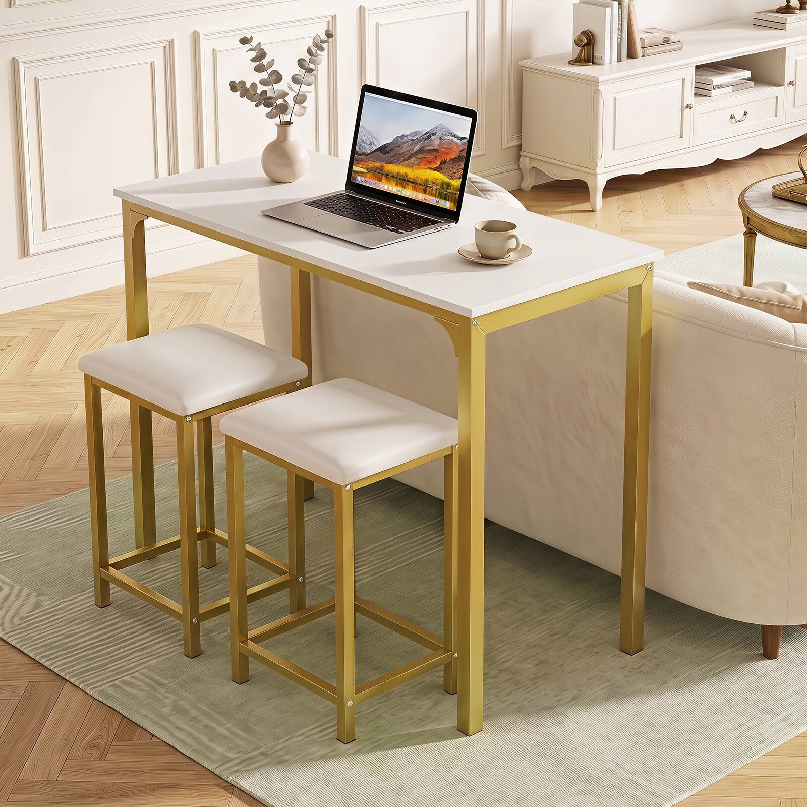 Alt View 3. Gymax - Gymax 3 PCS Counter Height Dining Set Faux Marble Table & 2 Chairs Kitchen Bar New White - White.