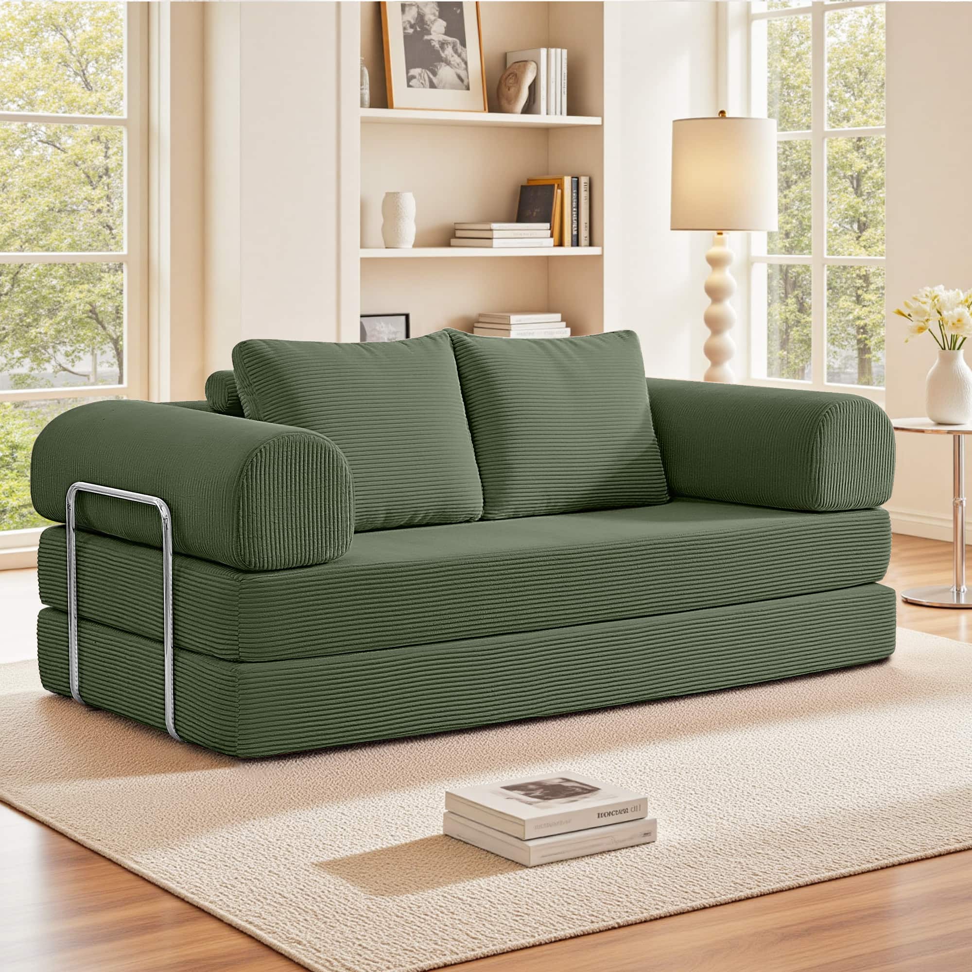 Front. KERDOM - 3-4 Person Sectional Sofa 78'' W, Foldable Modular Corduroy Combination Couch Bed for Apartment, No Assembly Required - Olive Green.