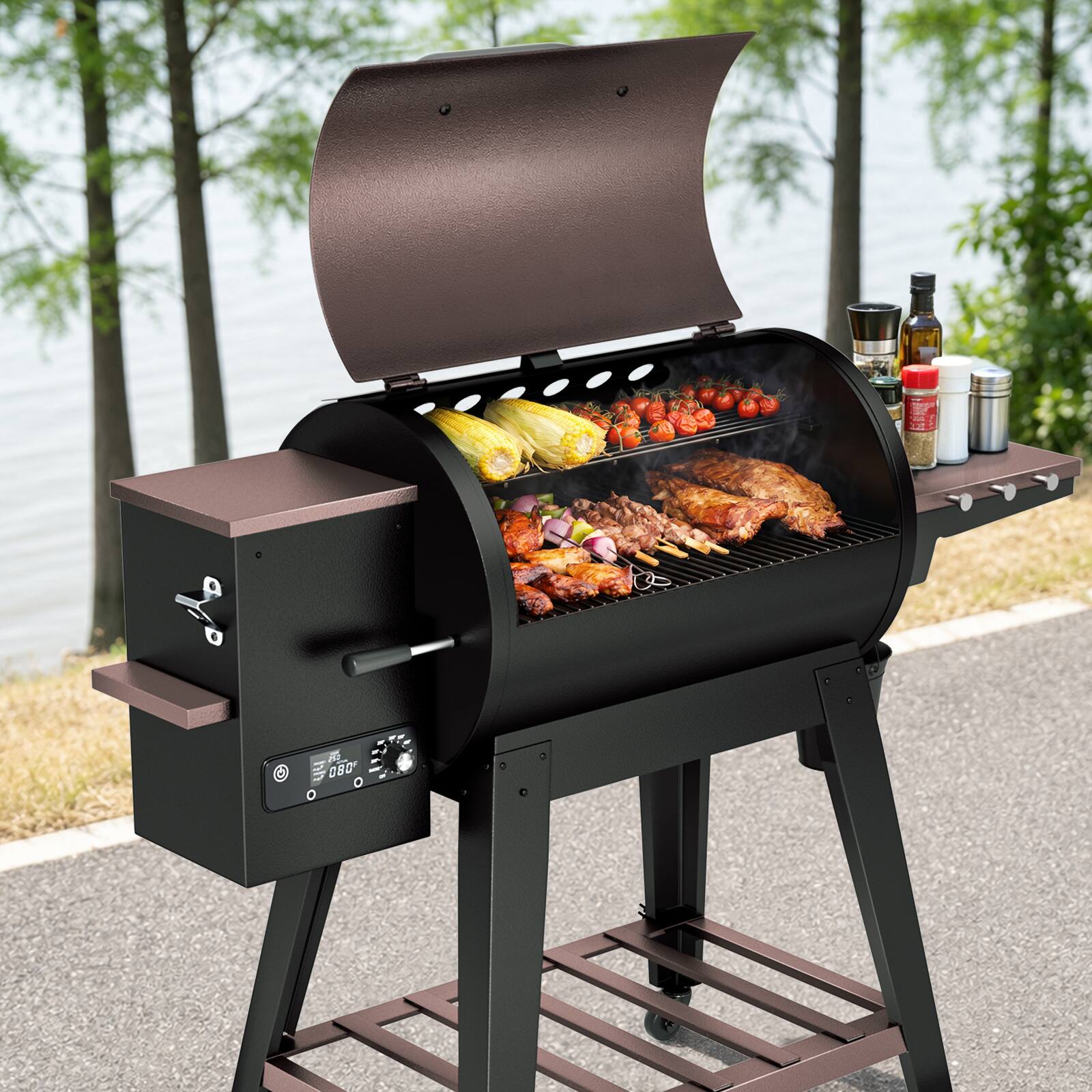 Alt View 3. KingChii - Wood Pellet Grill & Smoker, Electric Smoker BBQ, 766 Sq. In. Capacity & 18.3 lb Hopper (Up to 500°F) - Brown.