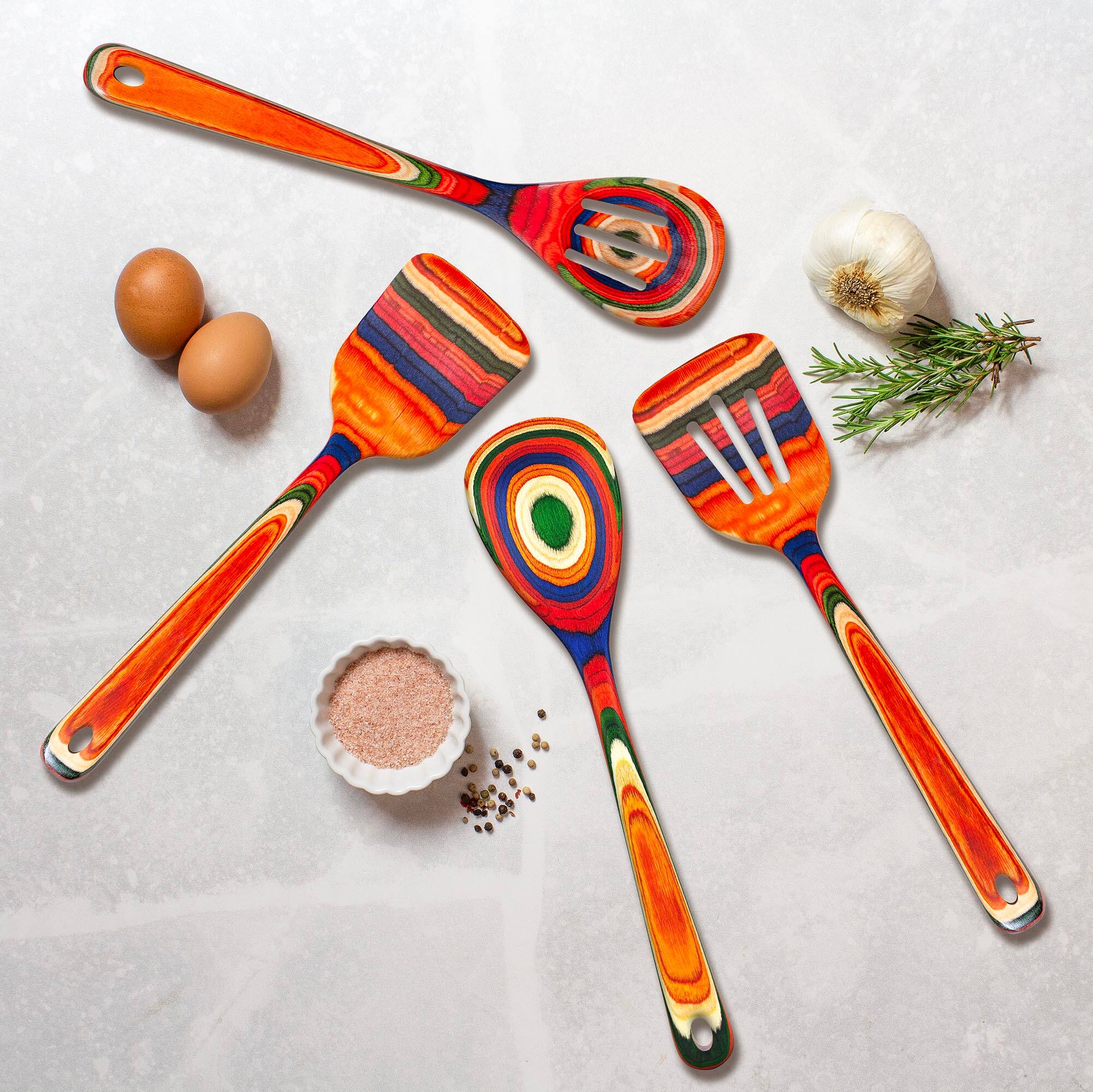 Angle. Baltique - Marrakesh Collection 4 Piece Cooking Utensil Set, Safe for Nonstick - Red, Blue, Green, Orange.