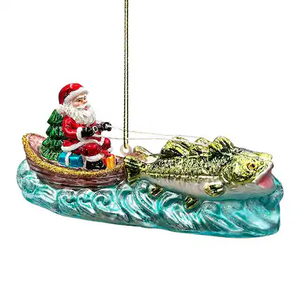 Front. OrnamentallyYou - Santas Fishing Adventure Glass Christmas Ornament Holiday Angler Fish in Sleigh - Multi-colored.