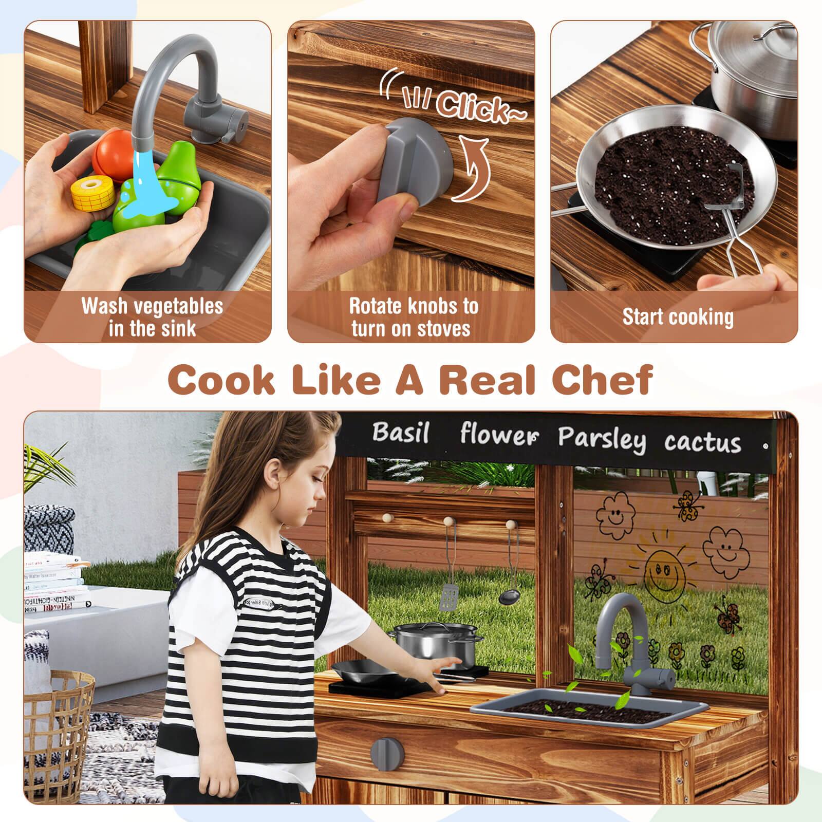 - Wash vegetables in the sink
- Rotate knobs to turn on stoves
- Start cooking

Cook Like A Real Chef

Basil flower Parsley cactus