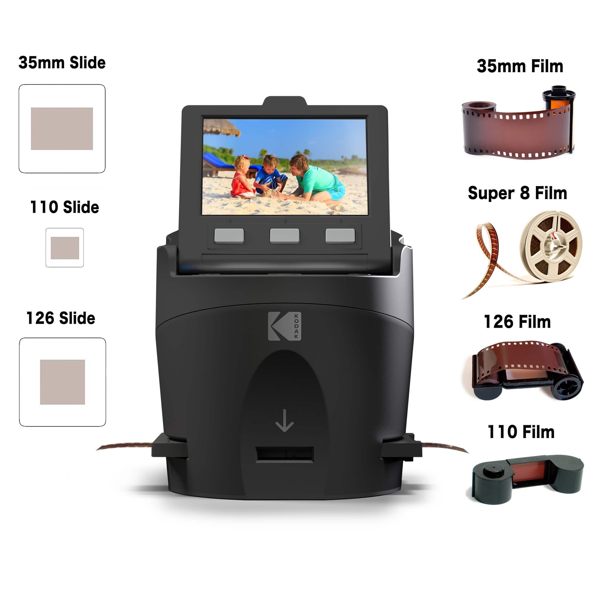 The image features a Kodak projector, which is designed to use 110 Slide Film. The projector is shown in various positions, including a close-up view and a side view. The image also includes a picture of a family on the beach, which is likely a slide that can be projected using the Kodak projector. The projector is a versatile device that can accommodate different types of film, such as 35mm Slide Film, 35mm Film, and Super 8 Film.