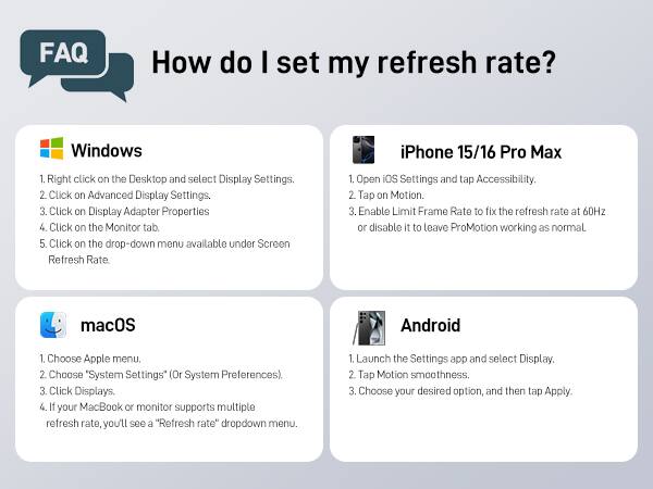 **FAQ**  
How do I set my refresh rate?

---

**Windows**  
1. Right click on the Desktop and select Display Settings.  
2. Click on Advanced Display Settings.  
3. Click on Display Adapter Properties.  
4. Click on the Monitor tab.  
5. Click on the drop-down menu available under Screen Refresh Rate.

---

**iPhone 15/16 Pro Max**  
1. Open iOS Settings and tap Accessibility.  
2. Tap on Motion.  
3. Enable Limit Frame Rate to fix the refresh rate at 60Hz or disable it to leave ProMotion working as normal.

---

**macOS**  
1. Choose Apple menu.  
2. Choose *System Settings* (Or System Preferences).  
3. Click Displays.  
4. If your MacBook or monitor supports multiple refresh rate, you'll see a "Refresh rate" dropdown menu.

---

**Android**  
1. Launch the Settings app and select Display.  
2. Tap Motion smoothness.  
3. Choose your desired option, and then tap Apply.