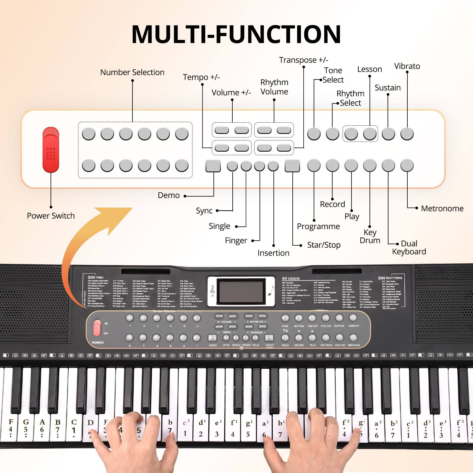 MULTI-FUNCTION

- Transpose +/- 
- Lesson 
- Vibrato 
- Number Selection 
- Tone 
- Tempo +/- 
- Select 
- Rhythm 
- Sustain 
- Volume +/- 
- Volume Rhythm Select 
- Power Switch 
- Demo 
- Record 
- Sync 
- Metronome 
- Play 
- Single 
- Programme 
- Key 
- Finger 
- Drum 
- Dual 
- Star/Stop 
- Insertion 
- Keyboard 

EEMUS 200 TTIOUS

60 DEMOS

200 RHYTHMS

F G A B C D E F G A B C D E F G A B C D E F G A B C D E F G A B C D E F G A B C D E F G A B C D E F G A B C D E F G A B C D E F G A B C D E F G A B C D E F G A B C D E F G A B C D E F G A B C D E F G A B C D E F G A B C D E F G A B C D E F G A B C D E F G A B C D E