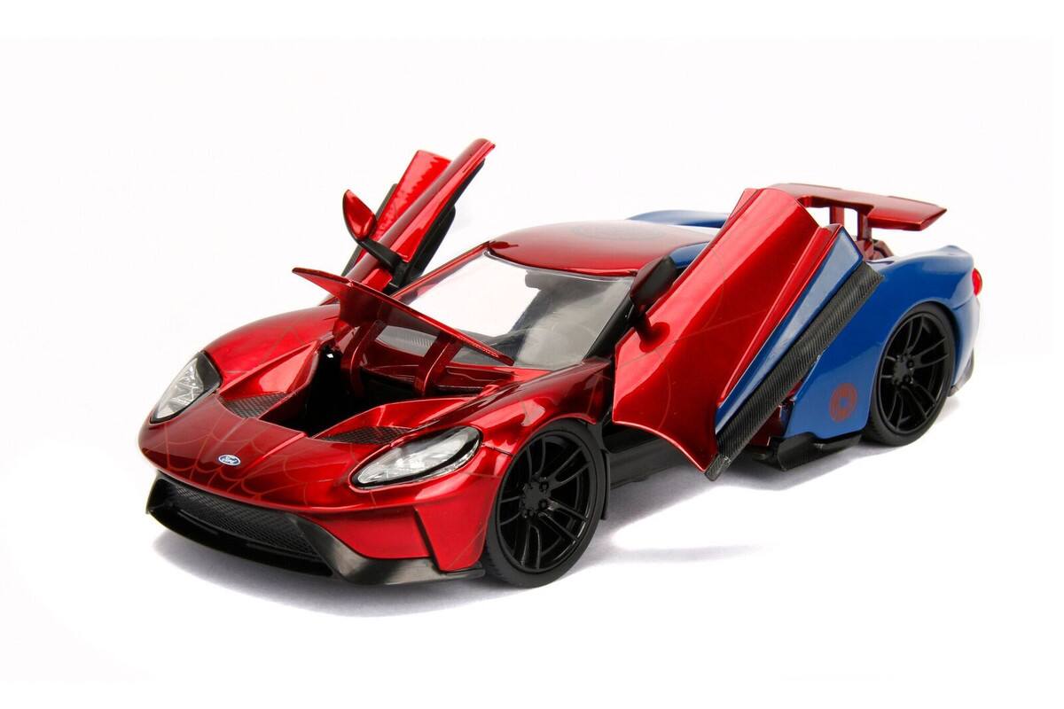 Left. Jada - 2017 Ford GT with Spider Man Diecast Figurine "Marvel" Series 1/24 - Red and Blue.