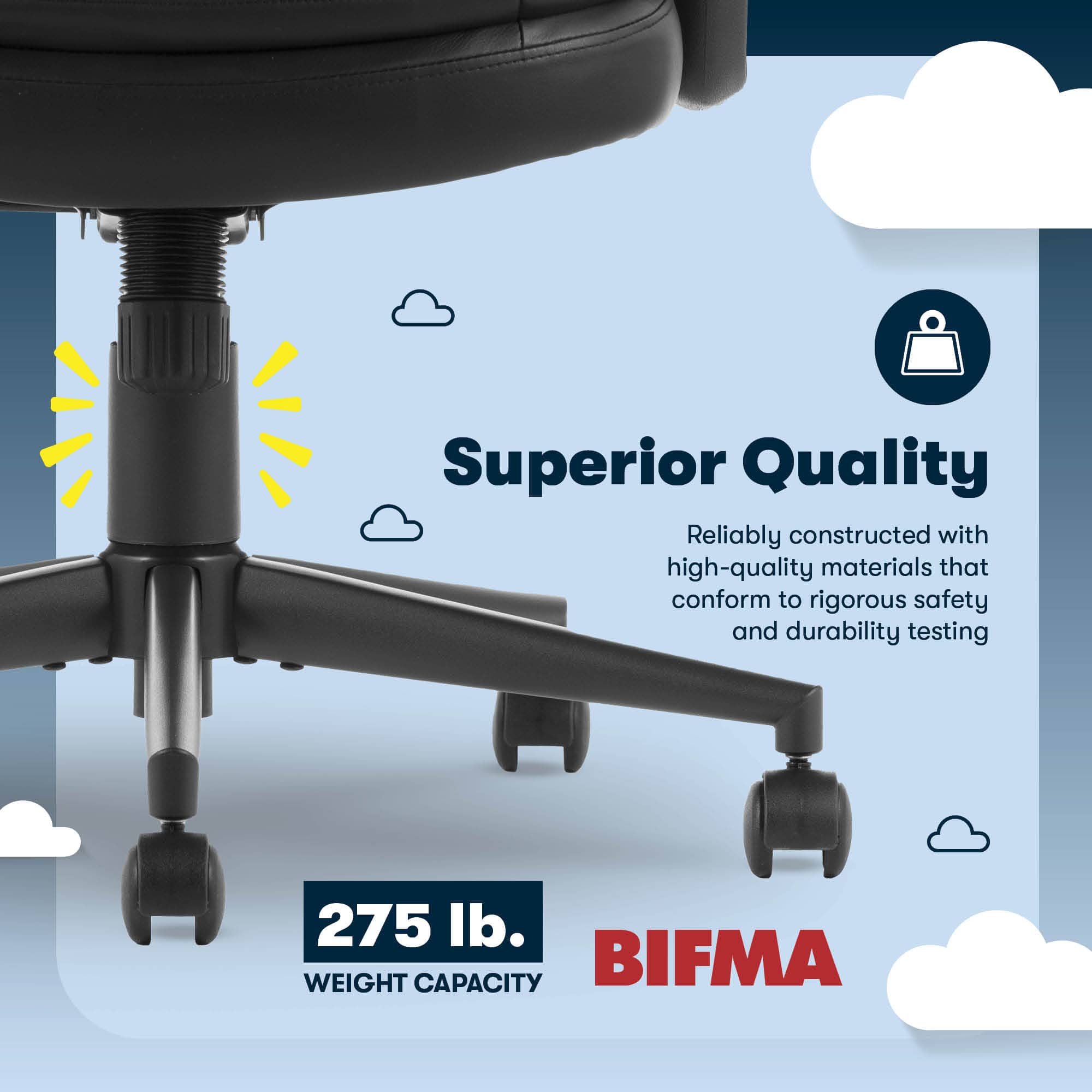 The text on the image is grouped and corrected as follows:
"Superior Quality: Reliably constructed with high-quality materials that conform to rigorous safety and durability testing. 275 lb. Weight Capacity. BIFMA."