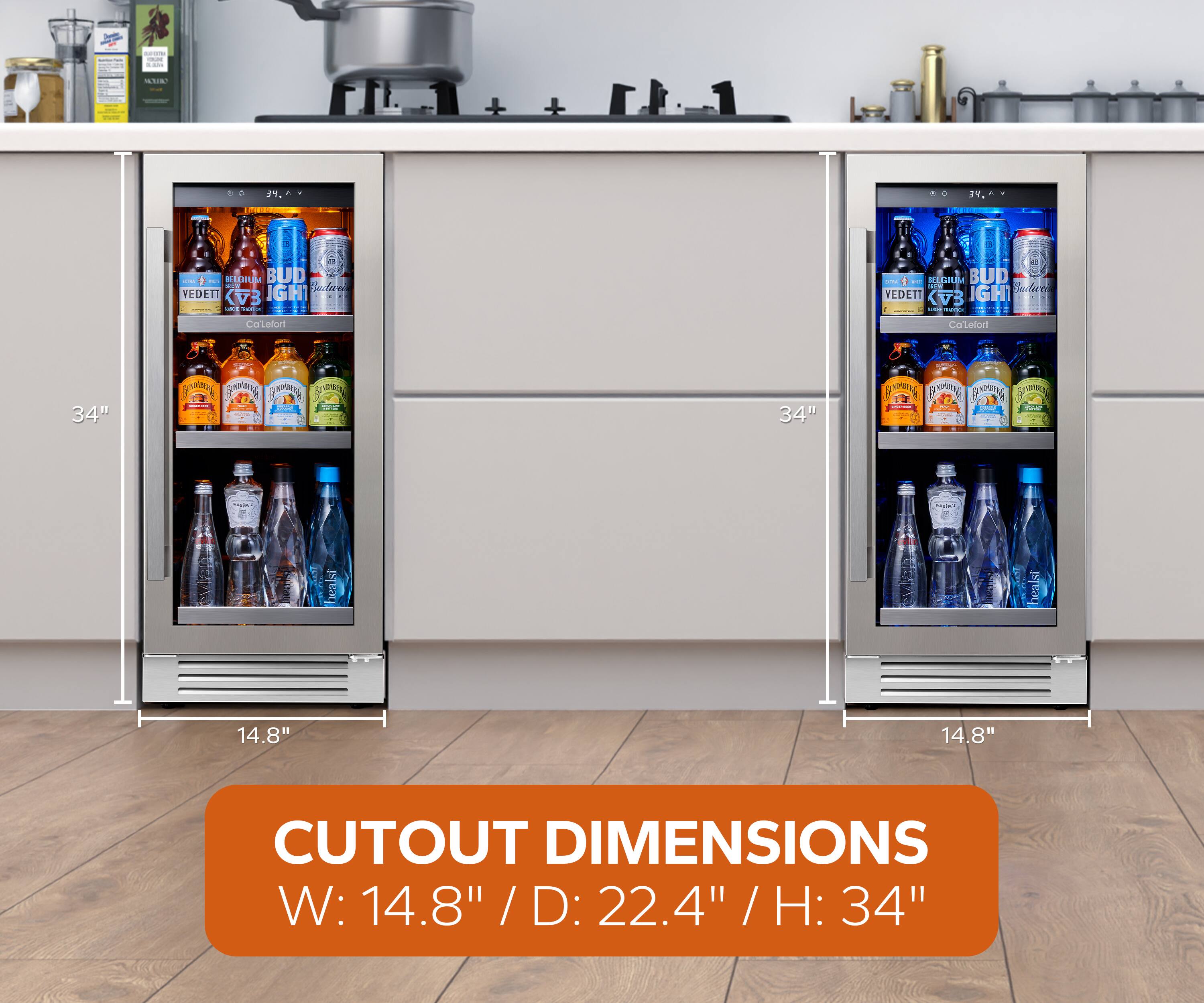 -.. - | --.. . | VE aY i US BUD i Culored VEDETI KVB IGH I  - - PLIPLE BUD Cacher VEDETT KVB IGH - . nianri Colefor 34" Pon DUN B PMN ada 34" pmn DrMA 4 F F 4 WN : 1 -  healsi healsi 14.8" 14.8" CUTOUT DIMENSIONS W: 14.8" / D: 22.4" / H: 34"