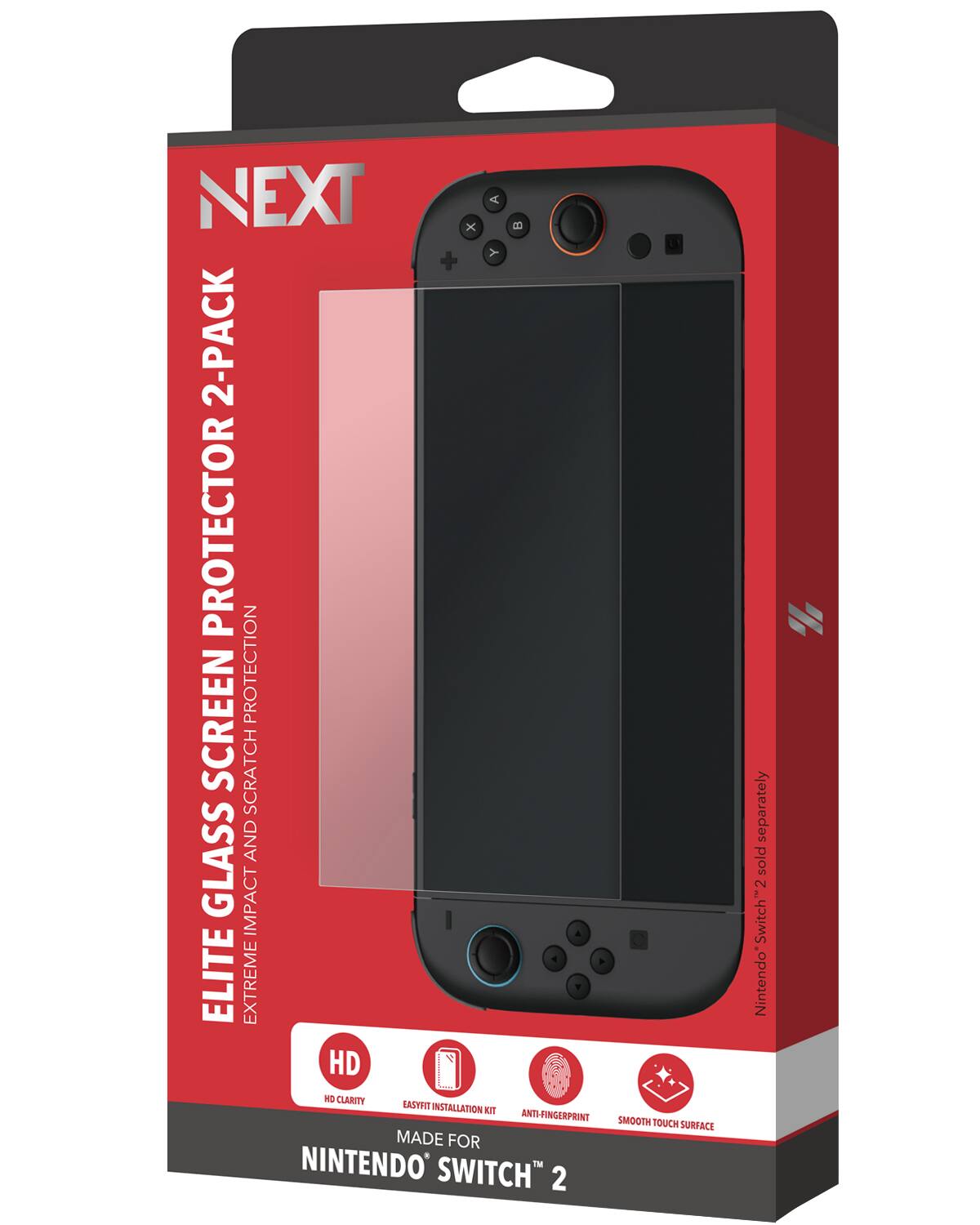 NEXT  
ELITE GLASS SCREEN PROTECTOR 2-PACK  
EXTREME IMPACT AND SCRATCH PROTECTION  

MADE FOR NINTENDO SWITCH™ 2  

HD CLARITY  
EASYFIT INSTALLATION KIT  
ANTI-FINGERPRINT  
SMOOTH TOUCH SURFACE  

Nintendo Switch™ 2 sold separately  

HD  
EASYFIT INSTALLATION KIT  
ANTI-FINGERPRINT  
SMOOTH TOUCH SURFACE
