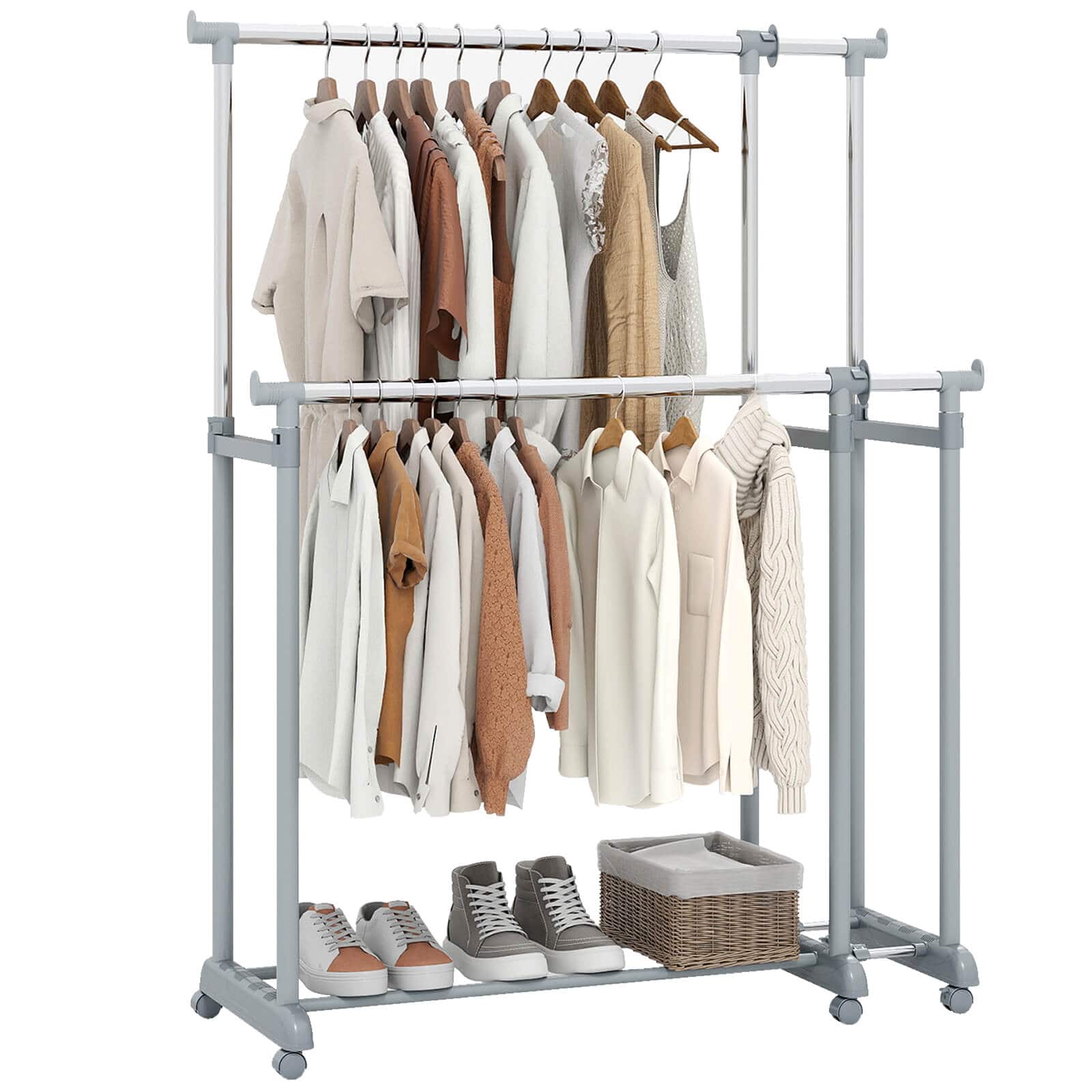 Front. Costway - Costway Double Rod Clothes Rack with Extendable Height & Width for Dressing Room, Laundry - Silver.