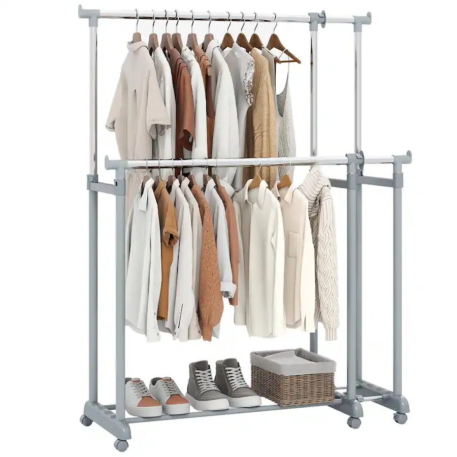 Costway Double Rod Clothes Rack with Extendable Height & Width for ...