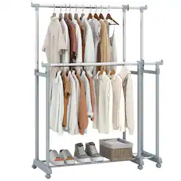 Costway - Double Rod Clothes Rack with Extendable Height & Width for Dressing Room, Laundry - Silver