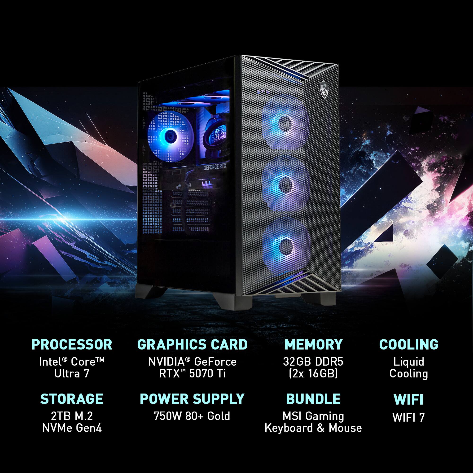 The image features a computer tower with a processor, graphics card, memory, cooling, storage, and power supply. The graphics card is an NVIDIA GeForce RTX, and the storage is a 2TB M.2 NVMe Gen4. The power supply is a 750W 80+ Gold MSI Gaming Keyboard & Mouse bundle. The computer also has WiFi capabilities.