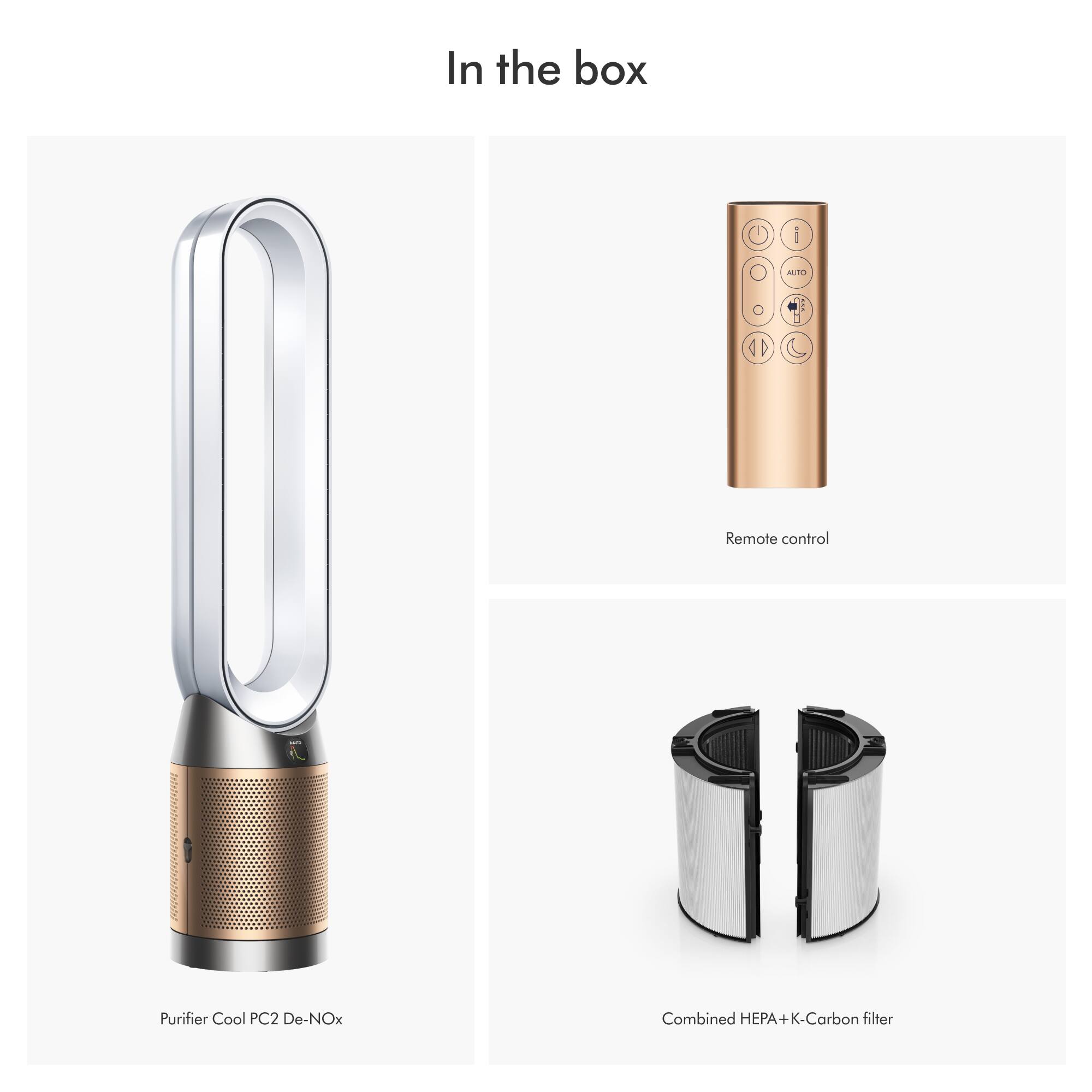 In the box, there are four items: 1 remote control, 1 purifier, 1 PC2 De-NOx, and 1 combined HEPA+K-Carbon HPA filter.