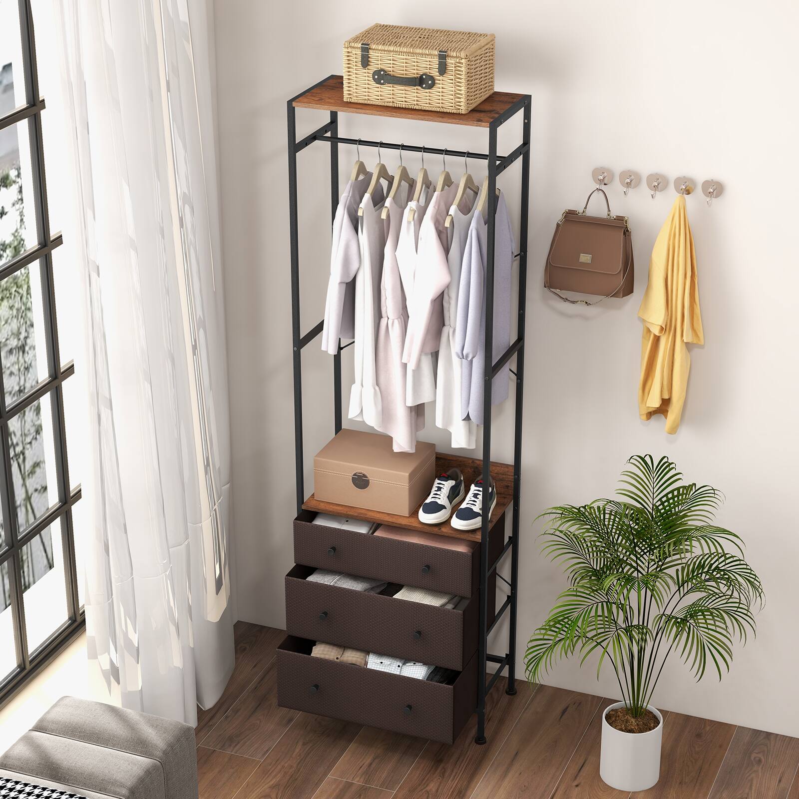 Alt View 8. Ecooso - Freestanding Closet Organizer with 3-Position Hanging Rod and Storage Shelves - Brown.